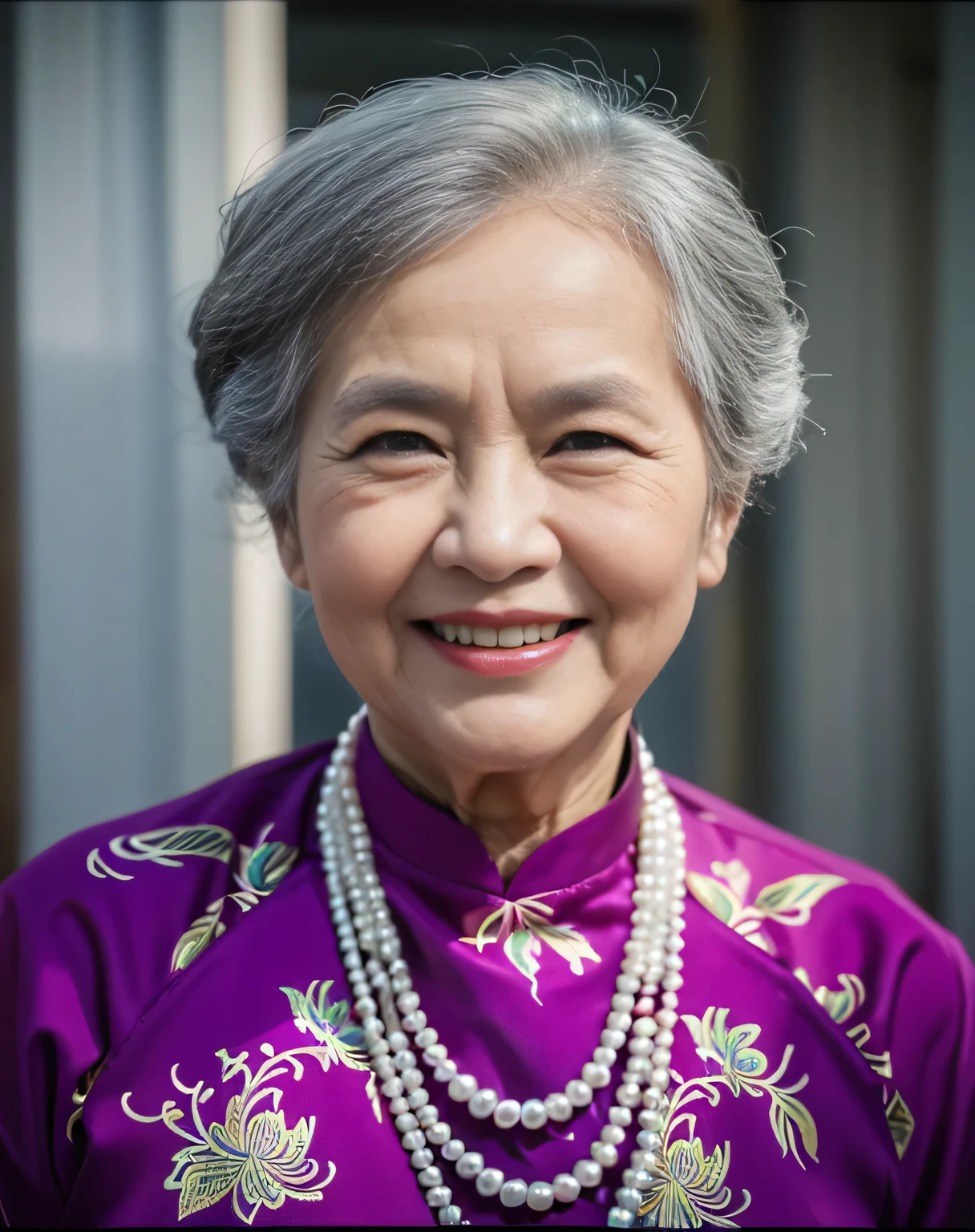 Highly realistic photo, ((masterpiece), (best quality), (raw photo), (photorealistic:1.4), Portrait of Vietnamese old woman, (80 years old), ((gray hair)), (wearing a purple ao dai), pearl necklaces, ((light blue background)) , photo taken by Sony A7IV