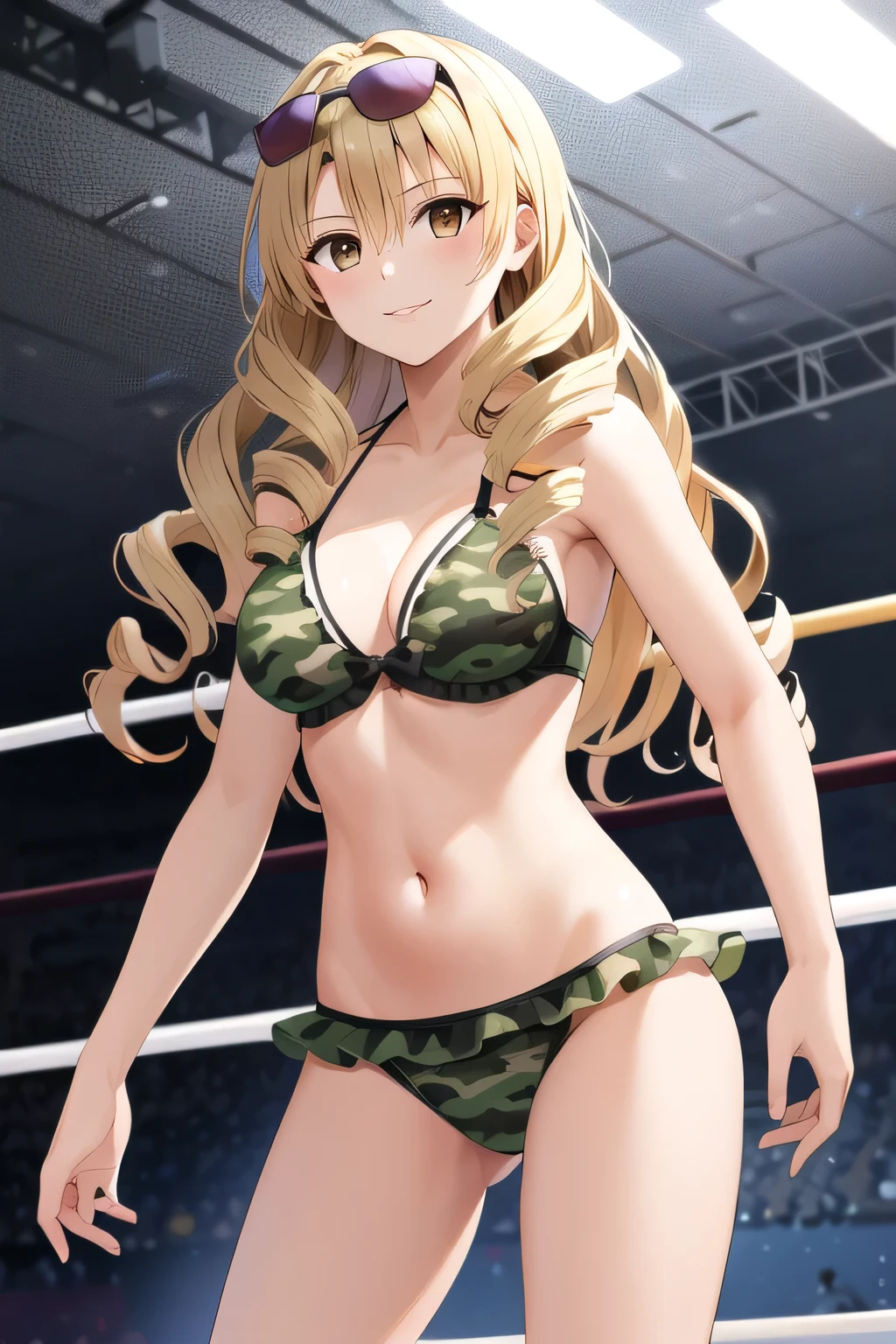 masterpiece, highest quality, High resolution, 1 girl, alone, long hair, blonde hair, double good, drill hair, brown eyes, camouflage bikini, frills, wrestling, smile, sunglasses, Are standing,