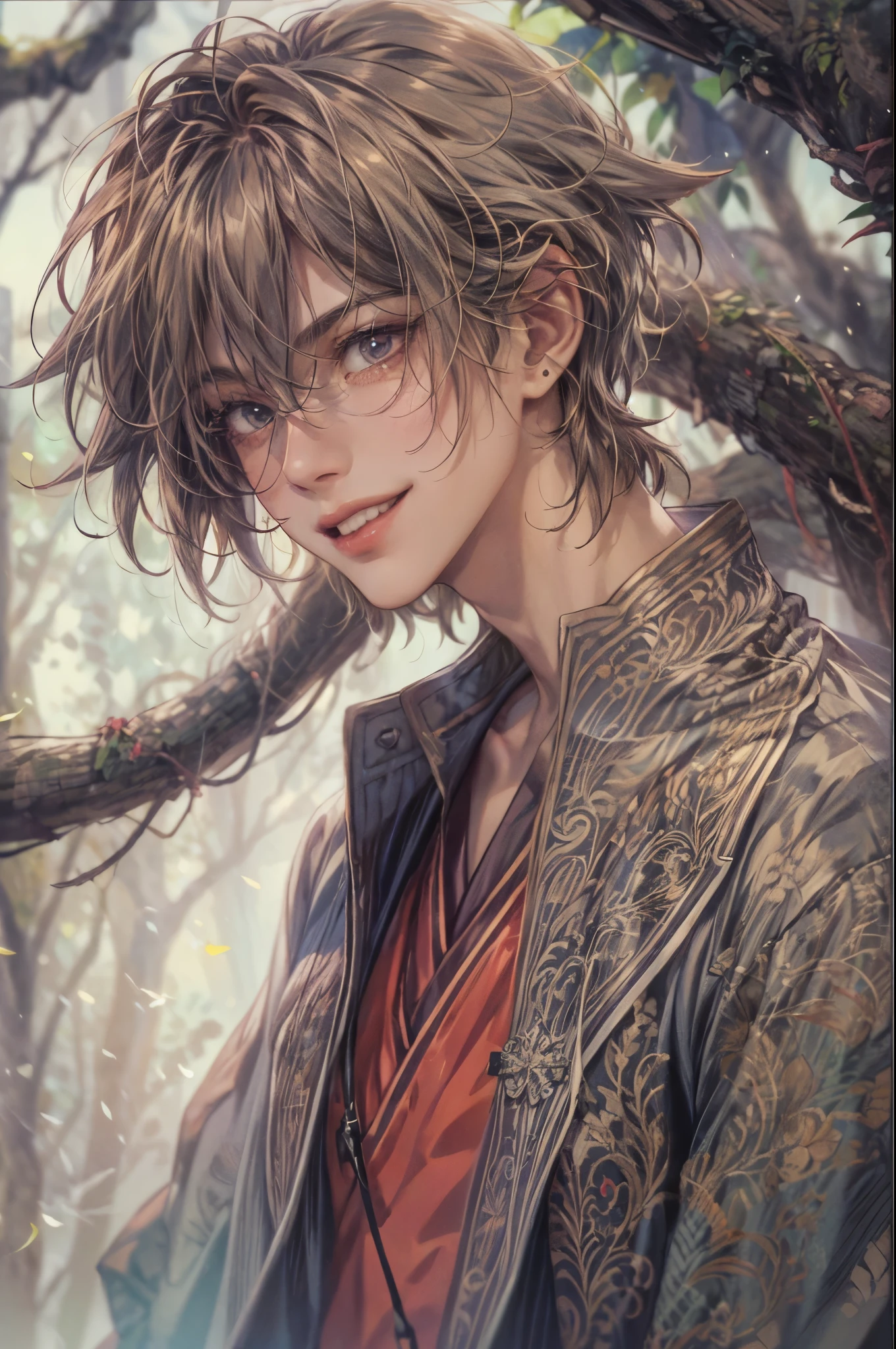 ((Best quality)), ((masterpiece)), (detailed), ((perfect face)), ((halfbody)) handsome face, male, boy, perfect proportions , a male version character from fushigi yugi, short hair, male version, creepy smile, detailed eerie background, detailed eerie scenery