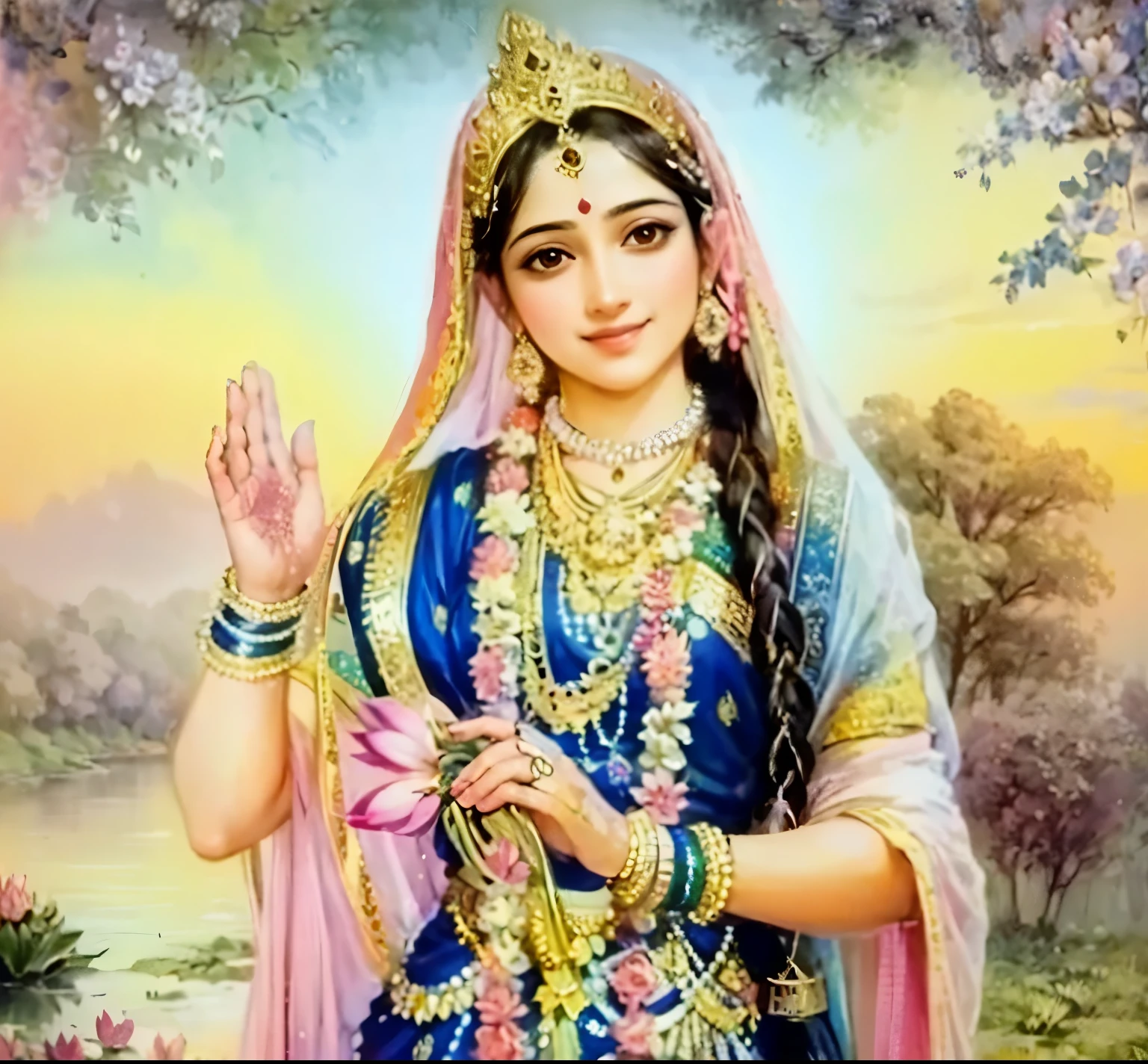 Radharani holding lotuses, bessing at the viewer, divine smile, divine aura, forest scenery