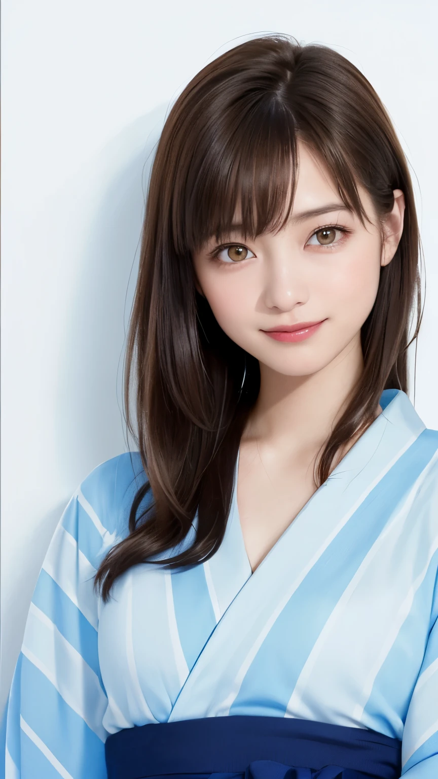 (highest quality、8k、32K、masterpiece、nffsw:1.2)、(RAW photo)、(realistic)、(Photoreal:1.2)、(High resolution)、Super detailed、very beautiful face and eyes、1 girl、round and small face、thin waist、delicate body、(close、highest quality、high detail、rich skin details、nffsw)、(highest quality、8k、oil paint:1.2)、Super detailed、(realistic、realistic:1.37)、(((I'm touching my head)))、(((Bewitching atmosphere)))、(((laughter)))、(((white background)))、((long hair))、(((pure white wall background)))、(((she has brown and light blue stripes々I am wearing a patterned yukata)))、(((pure white wall background)))、(((brown and light blue yukata)))、(((A striped yukata)))、