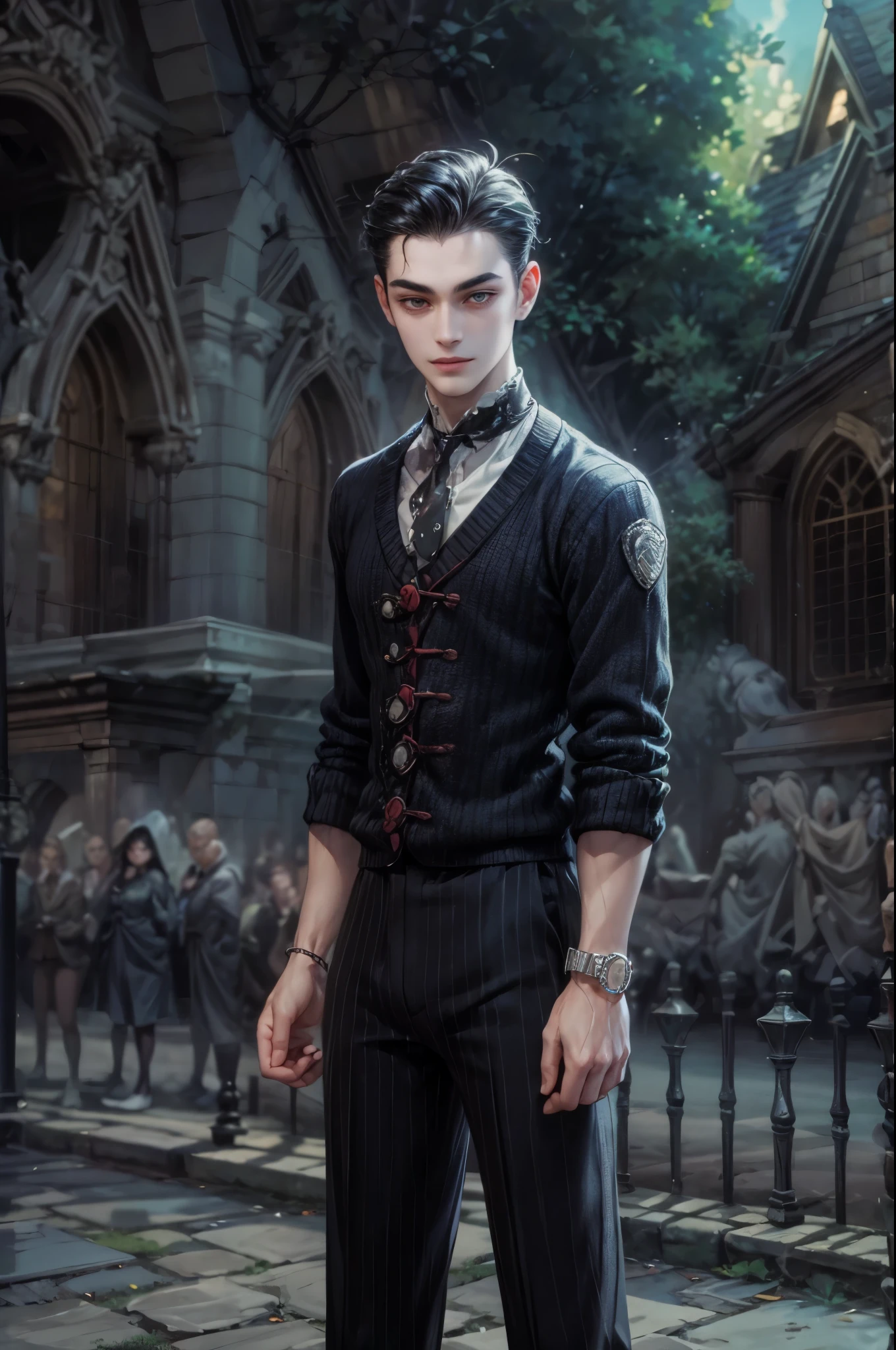 ((Best quality)), ((masterpiece)), (detailed), ((perfect face)), ((halfbody)) handsome face, male, teen boy, perfect proportions , a male version character from the addams family, short hair, male version, creepy smile, detailed eerie background, detailed eerie scenery