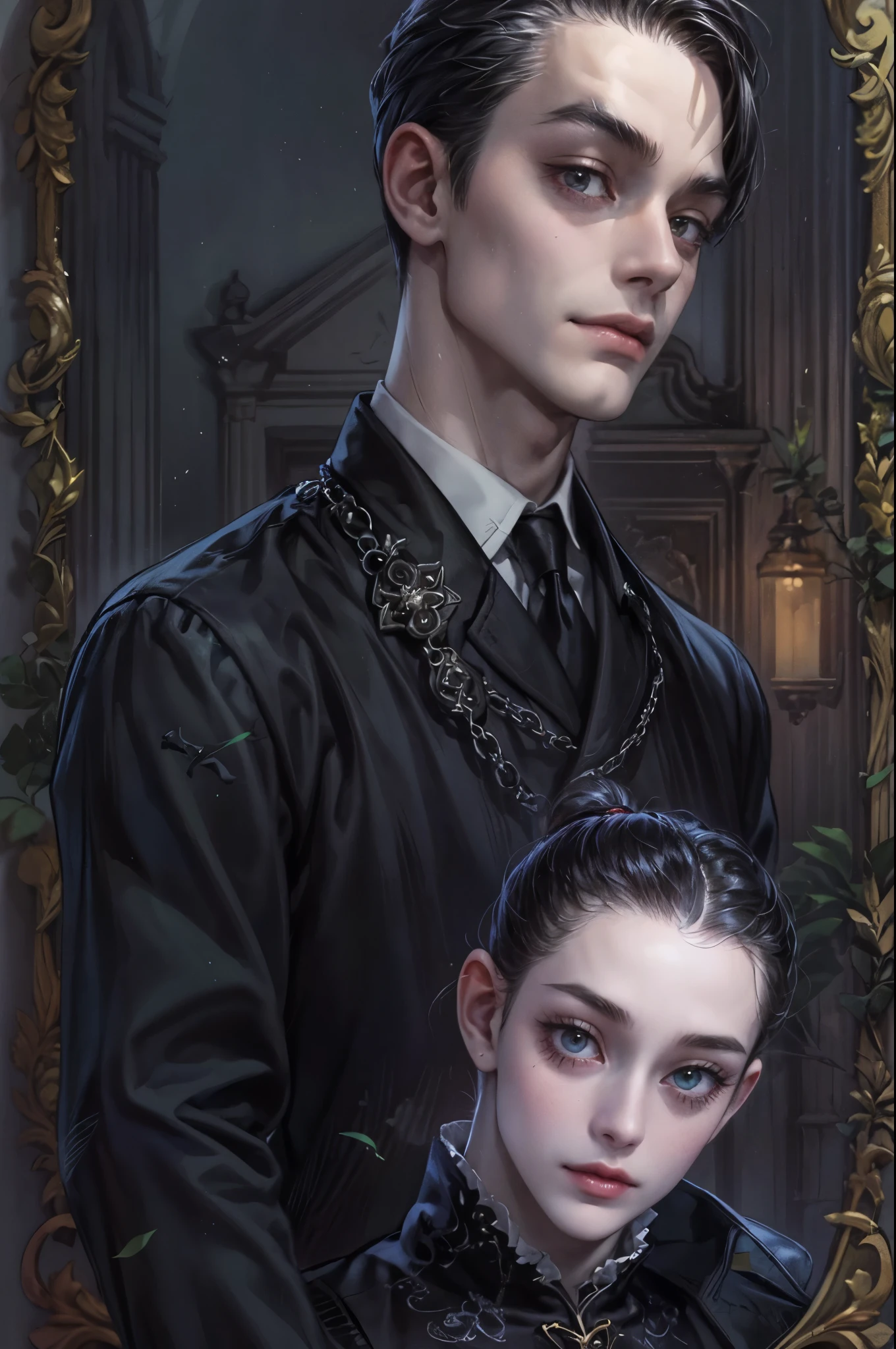 ((Best quality)), ((masterpiece)), (detailed), ((perfect face)), ((halfbody)) handsome face, male, boy, perfect proportions , a male version character from the addams family, short hair, male version, creepy smile, detailed eerie background, detailed eerie scenery