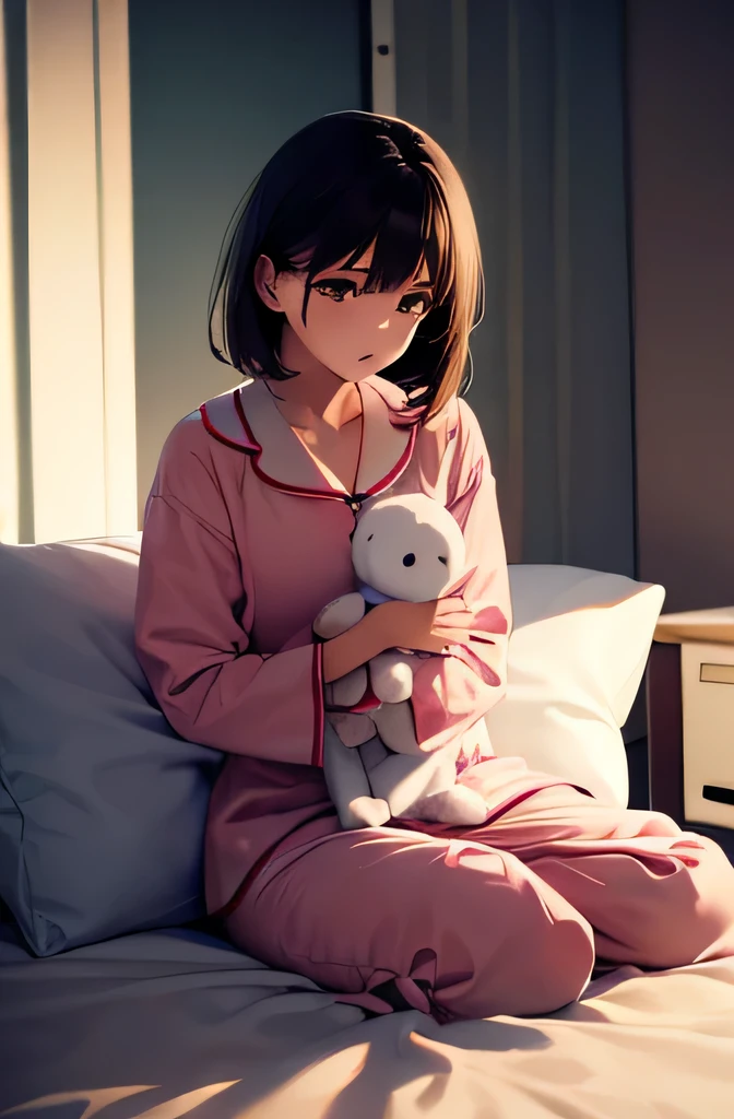 Miss,sitting on bed,anxious face,holding doll,Wear pajamas