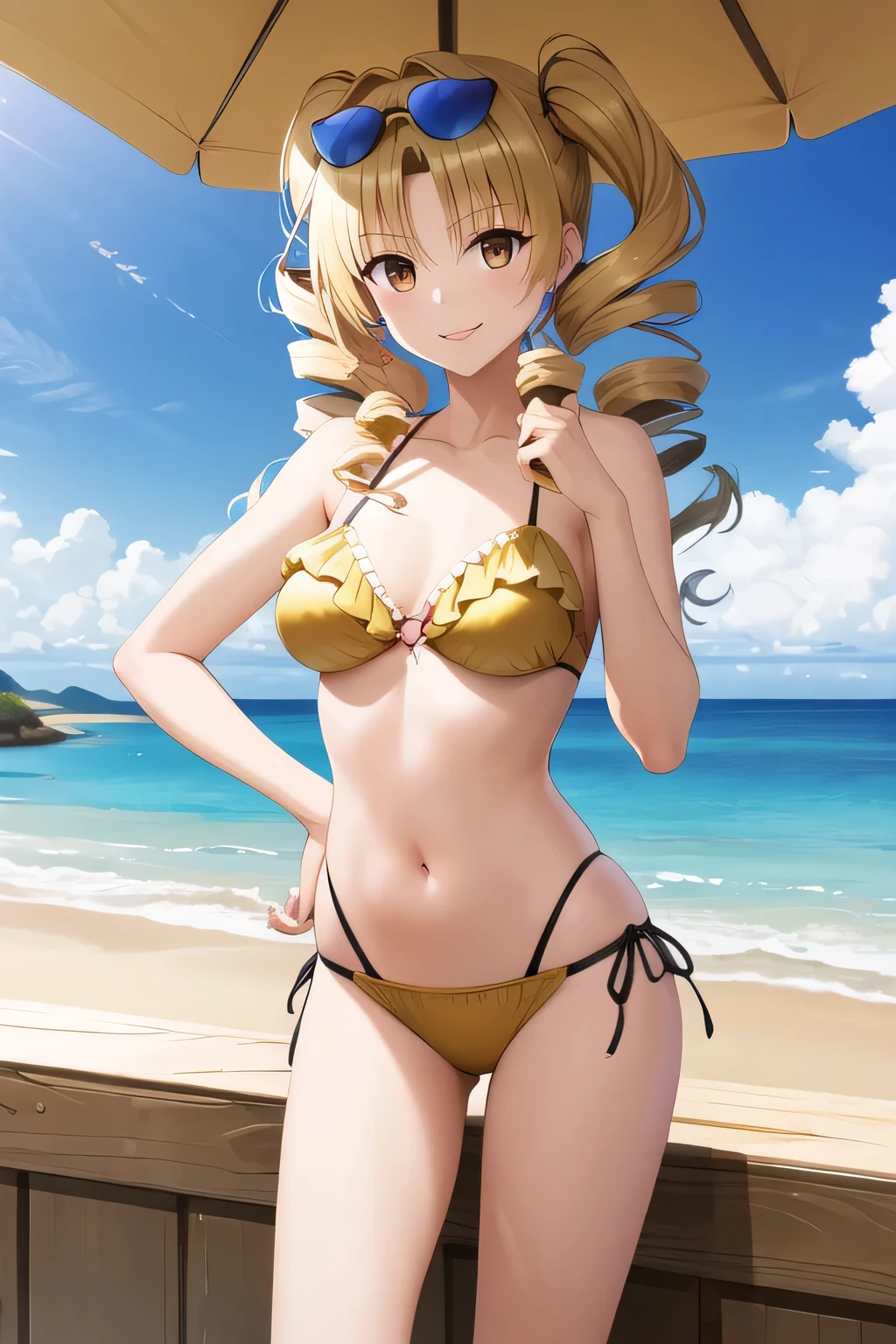 masterpiece, highest quality, High resolution, 1 girl, alone, long hair, blonde hair, double good, drill hair, brown eyes, gold bikini, frills, beach, smile, sunglasses, Are standing,