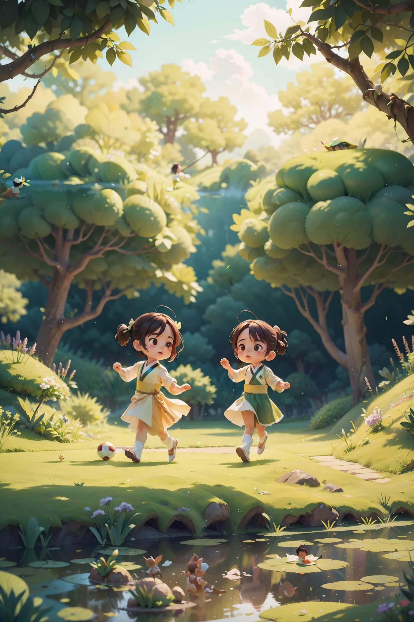 In the open meadow by the pond,The scene is grand,Two children running and playing Cuju,kick a ball,Wearing white and green Hanfu, spacious scene,light and shadow, masterpiece