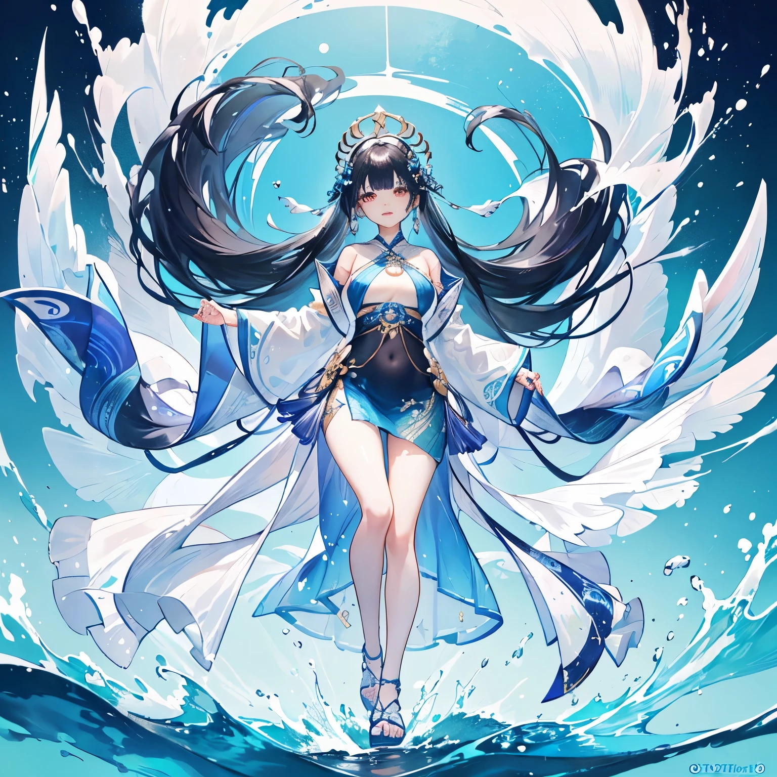 Hanfu(swimming suit),full body portrait,light wing earrings,long black hair,Blue hair ends are dyed,Center parted bangs,High heel,There are gorgeous wave patterns on the clothes,Gorgeous water splash skirt,Intricate costume details,Complex ornaments,Navel exposed