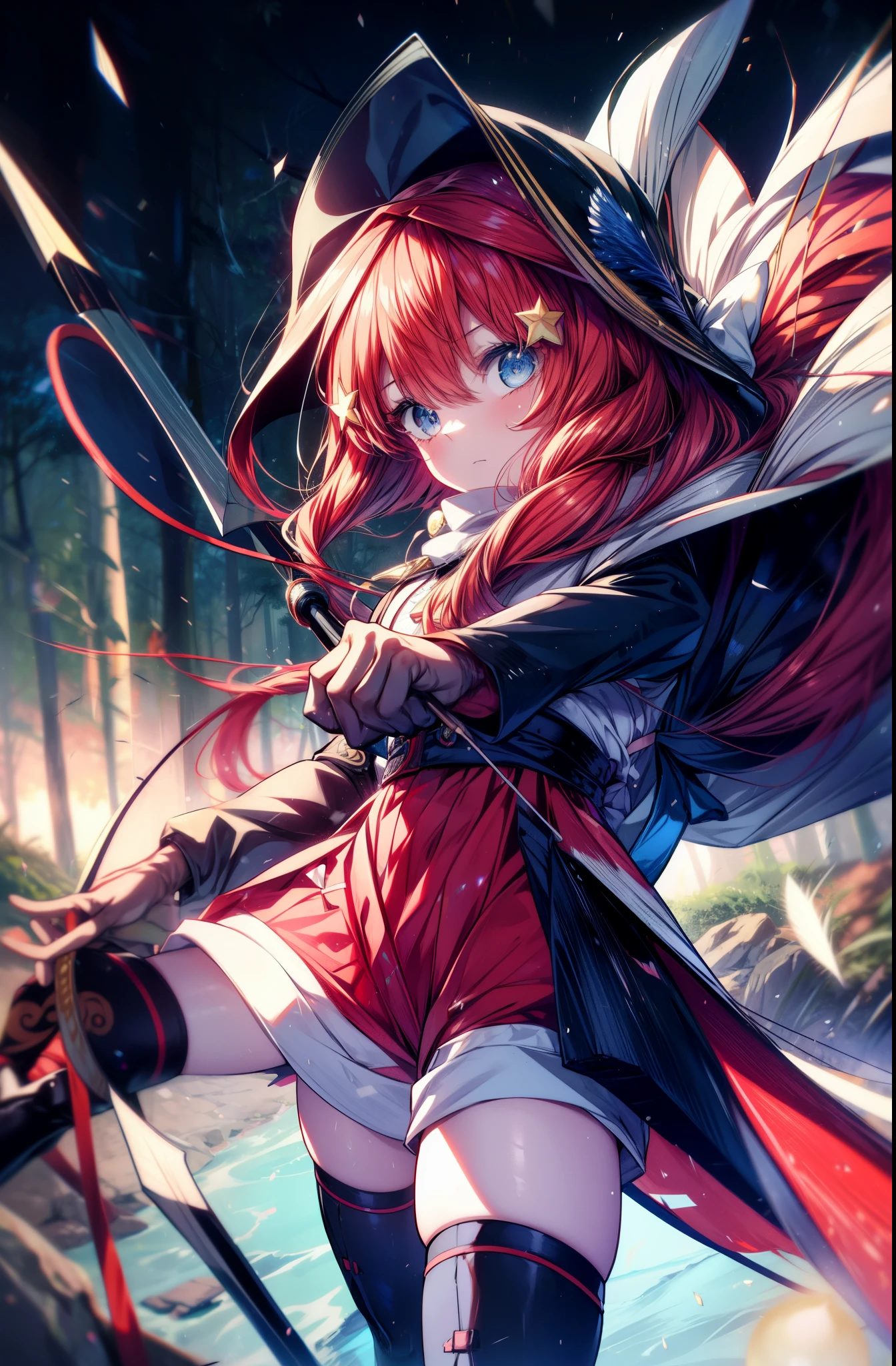 itsukinakano, Itsuki Nakano, bangs, blue eyes, hair between eyes, , redhead, star \(symbol\), hair ornaments, star hair ornaments,hood up,holding a bow and arrow in his hands, anime girl with bow and arrow, Gviz, wield a bow, asymmetrical clothes, boots, cloak, goblin, gloves, red Thighhighs, high heels, shorts, Thighhighs,
break outdoors, forest,forest林,
break (masterpiece:1.2), highest quality, High resolution, unity 8k wallpaper, (figure:0.8), (detailed and beautiful eyes:1.6), highly detailed face, perfect lighting, Very detailed CG, (perfect hands, perfect anatomy),