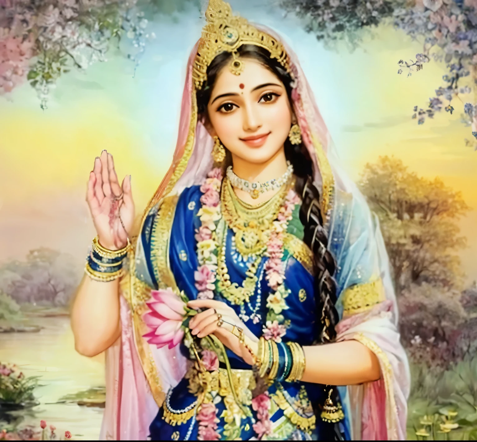 Radharani holding lotuses, bessing at the viewer, divine smile, divine aura, forest scenery