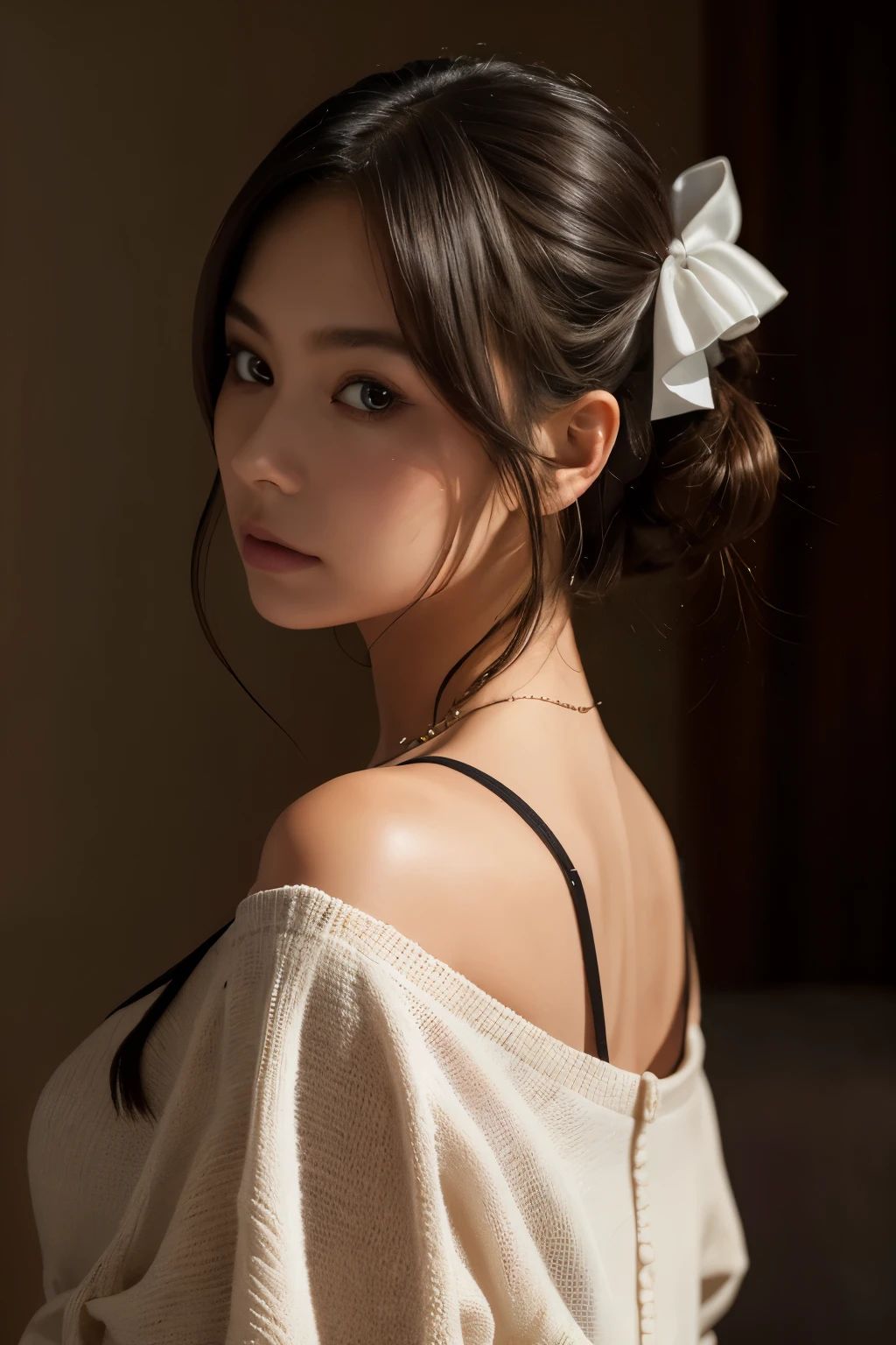 ((best quality)), ((masterpiece)), (detailed), perfect face, full body, (best quality, highres, ultra-detailed, realistic:1.37), grey-haired girl looking back over her shoulder, rolling her eyes, wearing a hair ribbon. The girl's hair is textured and the lighting is from above, creating realistic shadows