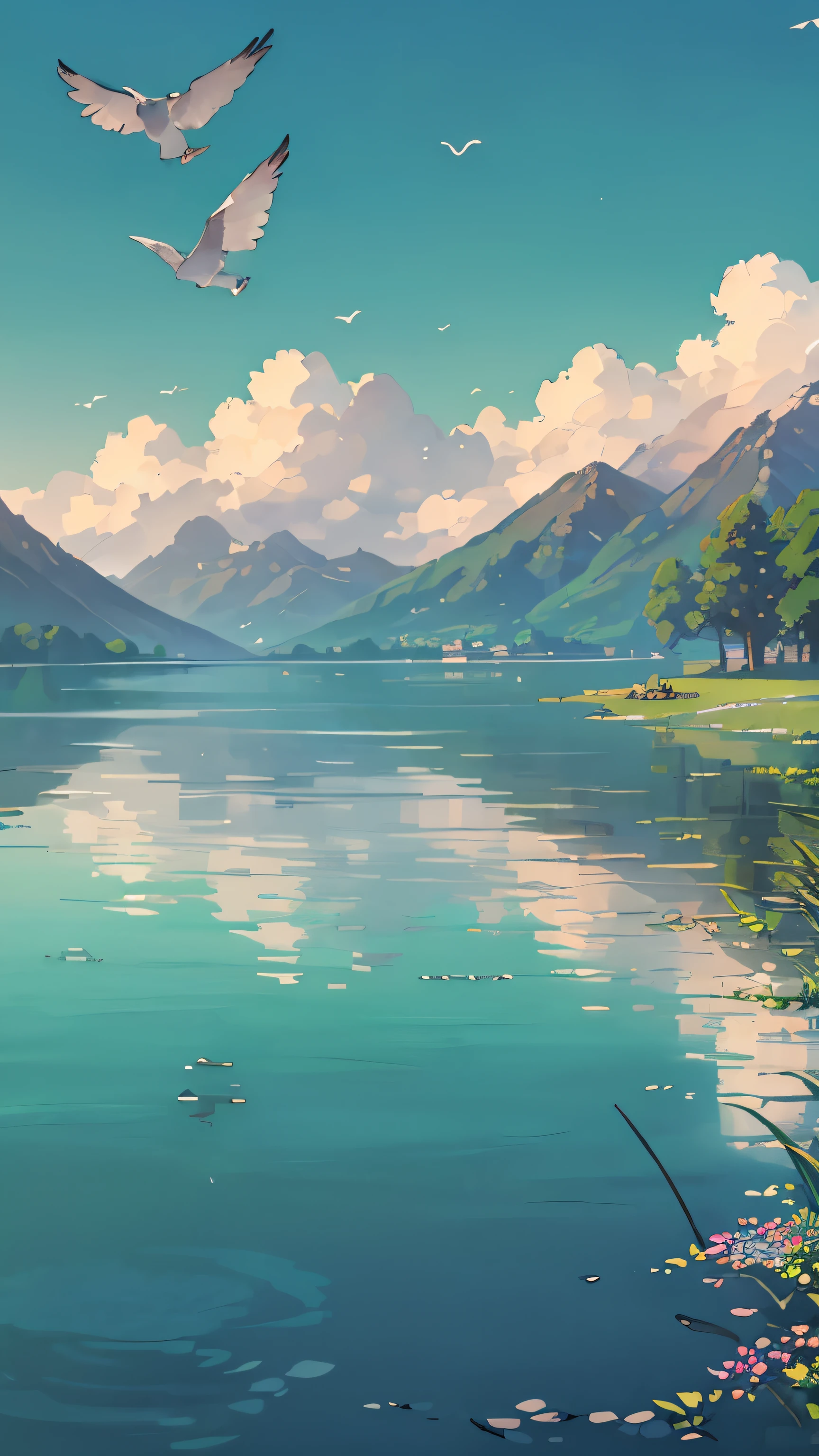 equinox,(willow),swallow,flying bird,lake, water, tree,spring,plant,Blue sky and white clouds,green,(figure 1.0),masterpiece, best quality,anime wallpaper,Fresh color,Fantastic wallpapers