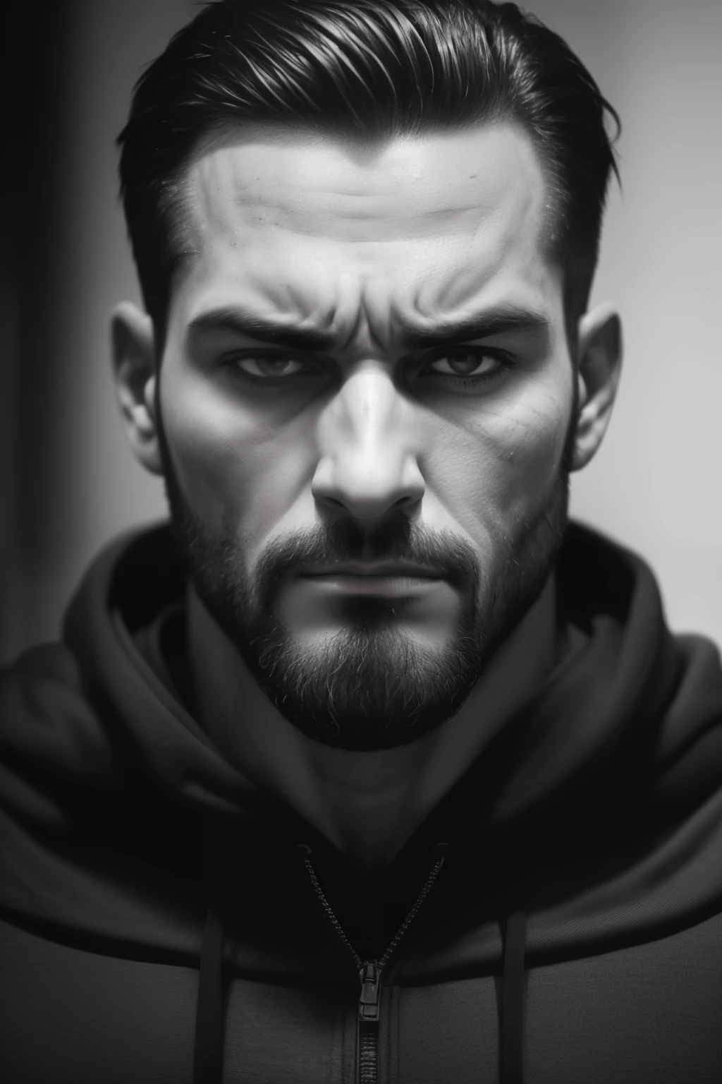 Photo of a brutal man, raw, Thirty-year-old, Black and White, ((Detailed face:1.2)), ((facial features hinting menace and strength)), ((Fine-grained skin texture with visible pores and prominent facial hair)), wearing a hoodie, ((Looming figure with broad shoulders and muscular build)), ((Brooding and intense eyes with deep-set lines)), ((Background blurred to emphasize the man's presence)), ((Lacking any emotive expression, stern and unyielding)), ((Realistic, high-contrast rendition in black and white)), ((best quality:1.2)), ((Detailed, well-defined features)), captured in a Canon
