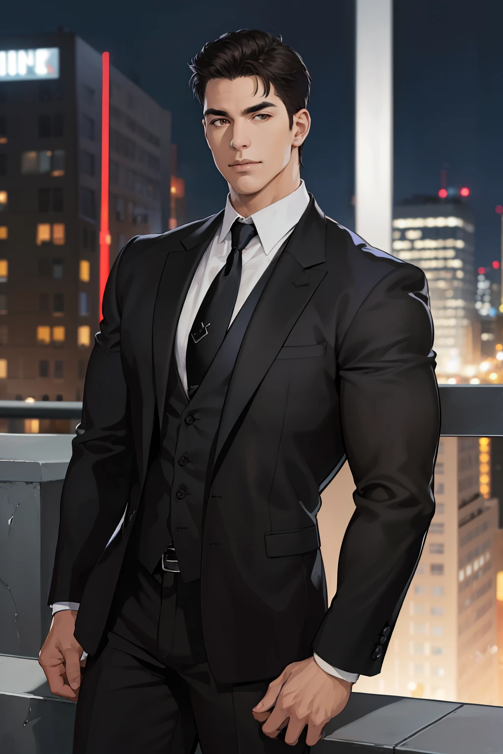 (absurdres, highres, ultra detailed, realistic, ), 1 male, solo, adult, mature, tall muscular guy, broad shoulders, handsome, very short hair, black hair, brown eyes, angular jaw, thick neck, thick eyebrows, night, dark, the night view of the city background, formal suit, necktie, upper body