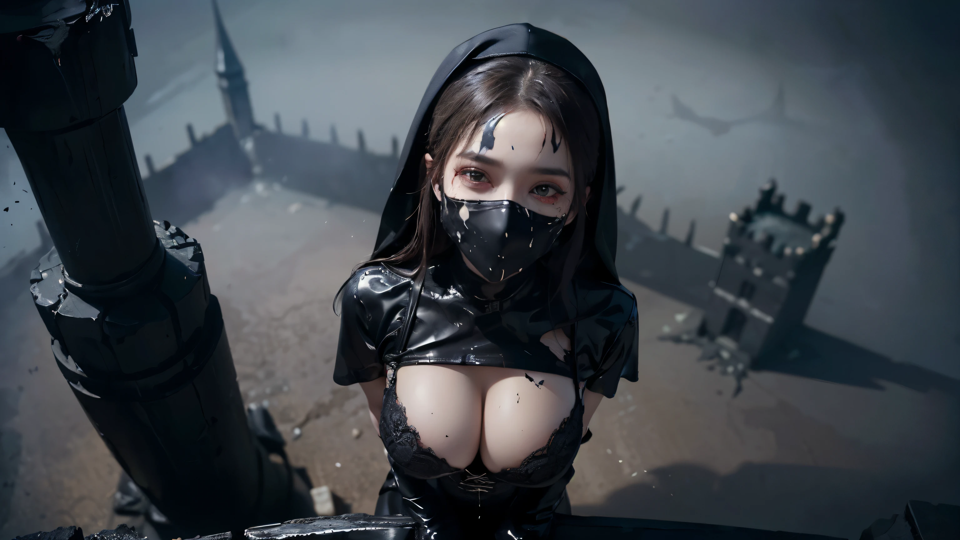 ((best quality)), ((masterpiece)), 8k, (detailed), perfect face, (((Big tits on focus))), hot young busty girl, black lava outfit, black latex slime, beautyful face, (( long length hair)), ((detailed eyes)), lightning in the background, ((dark castle in the background, (((the clothes melt off her))), (((black paint splattered on it))), (flying dragon in a background), red damaged corset, ((her clothes were torn in several places))), latex lingerie, (nun costume), venom, black dark venom, ((red lacy brassiere)), perfect detailed, ((((it is photographed from above)))), red latex, big tits, detailed eyes, (((wearing a black venom mask))), (black bunny), black veil, ((BIG BOOBIES on focus)), dark angel, ((good anatomy)), big tits