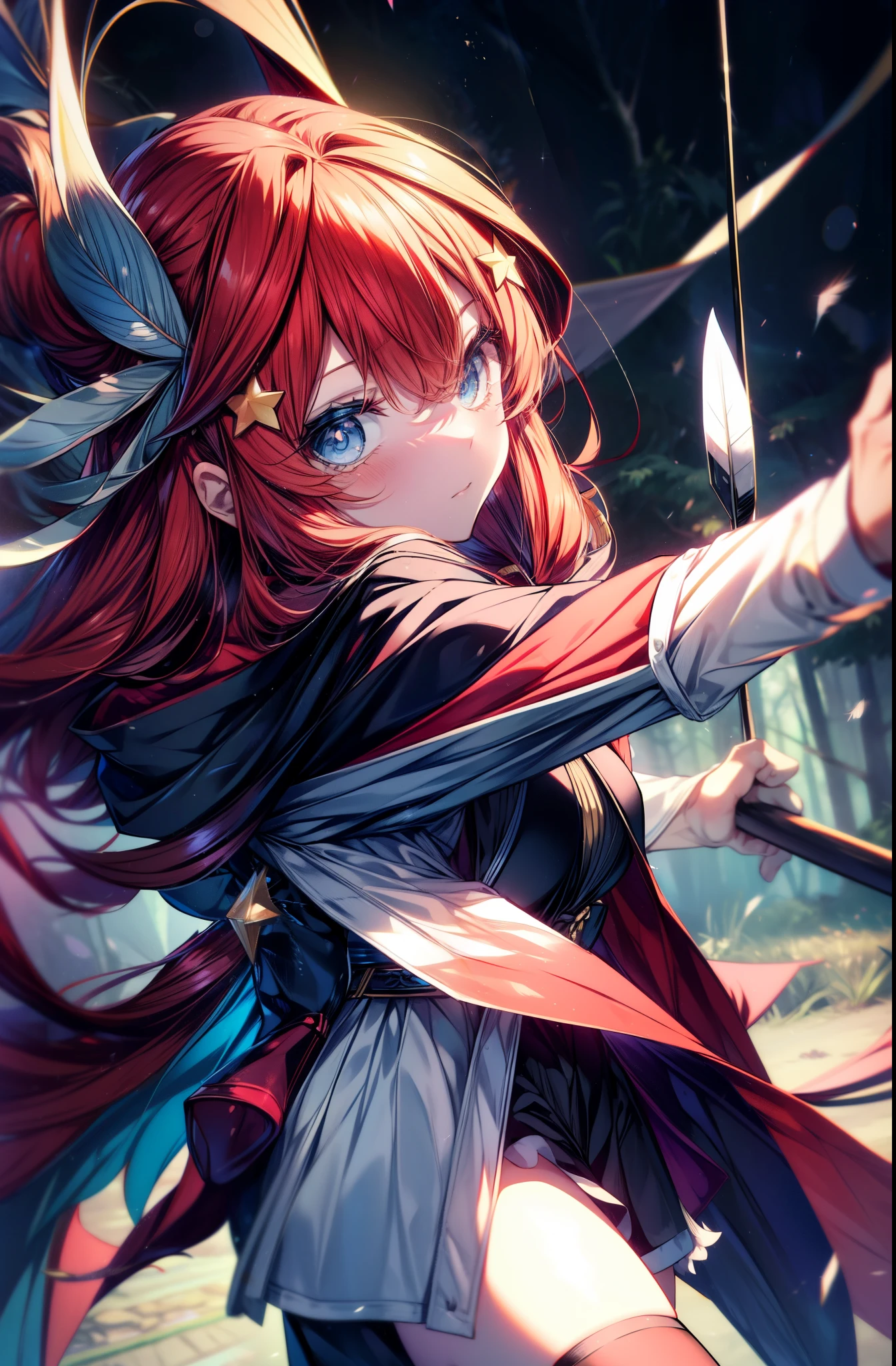 itsukinakano, Itsuki Nakano, bangs, blue eyes, hair between eyes, put the back hair in the hood,, redhead, star \(symbol\), hair ornaments, star hair ornaments,hood up,The right hand holds the middle grip of the bow.,holding the feather part of an arrow,Anime girl holding a bow, Gviz, wield a bow, asymmetrical clothes, boots, cloak,gloves, red Thighhighs, high heels, shorts, Thighhighs,So that the whole body goes into the illustration,
break outdoors, forest,forest林, (cowboy shot:1. 5)
break (masterpiece:1.2), highest quality, High resolution, unity 8k wallpaper, (figure:0.8), (detailed and beautiful eyes:1.6), highly detailed face, perfect lighting, Very detailed CG, (perfect hands, perfect anatomy),