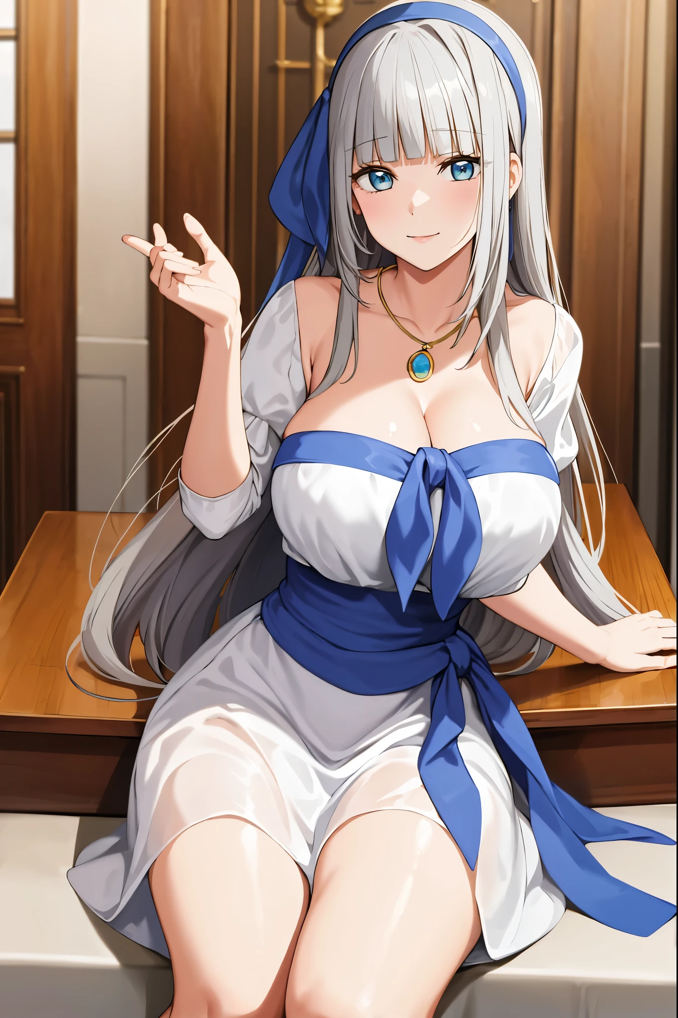 masterpiece, best quality,  big tits, MyleneHFV4, 1girl, solo, looking at viewer, dress, cleavage, jewelry, hairband, blue hairband, necklace, blunt bangs, white dress, sitting, slight smile,