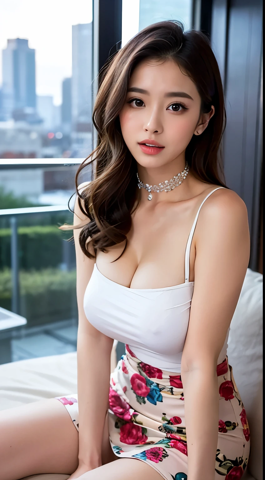 ultra realistic 8k cg（1girll）Bandeau，No cleavage，marron marron，Dewy skin，sweatyskin，Wavy blonde，nylon tshirt，Punk girl，beautidful eyes、((Perfect female body))、brunette color hair，In a compact and aesthetically pleasing bed，Sit on your knees， Seductive look、Very detailed_Eyes、thick thight、Full breasts、 beautifullydetailedbackground、depth of fields、hentail realism:1.3、shot from afar、1girl in、The shirt、pleatedskirt、Uniforms、Sit on the、full bodyesbian、 (ambient lights:1.3)、(cinematic compositions:1.3)、(Neon light:0.1). Cityscape Cocktail Hour:

Description: With its multicolor print and chic choker neckline, this bodycon mini wrap dress is an elegant choice for a cocktail hour in the city. The form-fitting silhouette and flattering wrap-style skirt add a touch of sophistication to the look.
Setting: At a trendy rooftop bar overlooking the glittering cityscape below. As the sun sets, the city lights come to life, casting a warm glow over the stylish crowd. The dress's vibrant colors pop against the backdrop of the urban skyline.