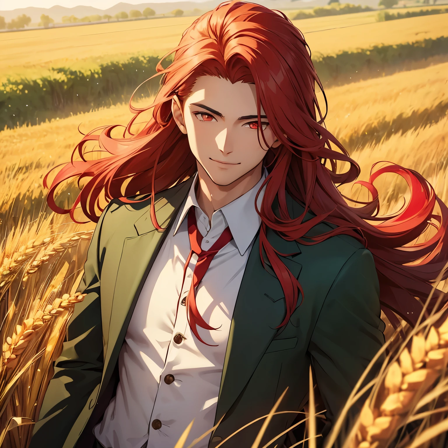 A handsome boy, long flowing hair, in wheat field, a flower in his red hair, gentle smile, red eyes, portrait, enchanting, smiling, dark green suit