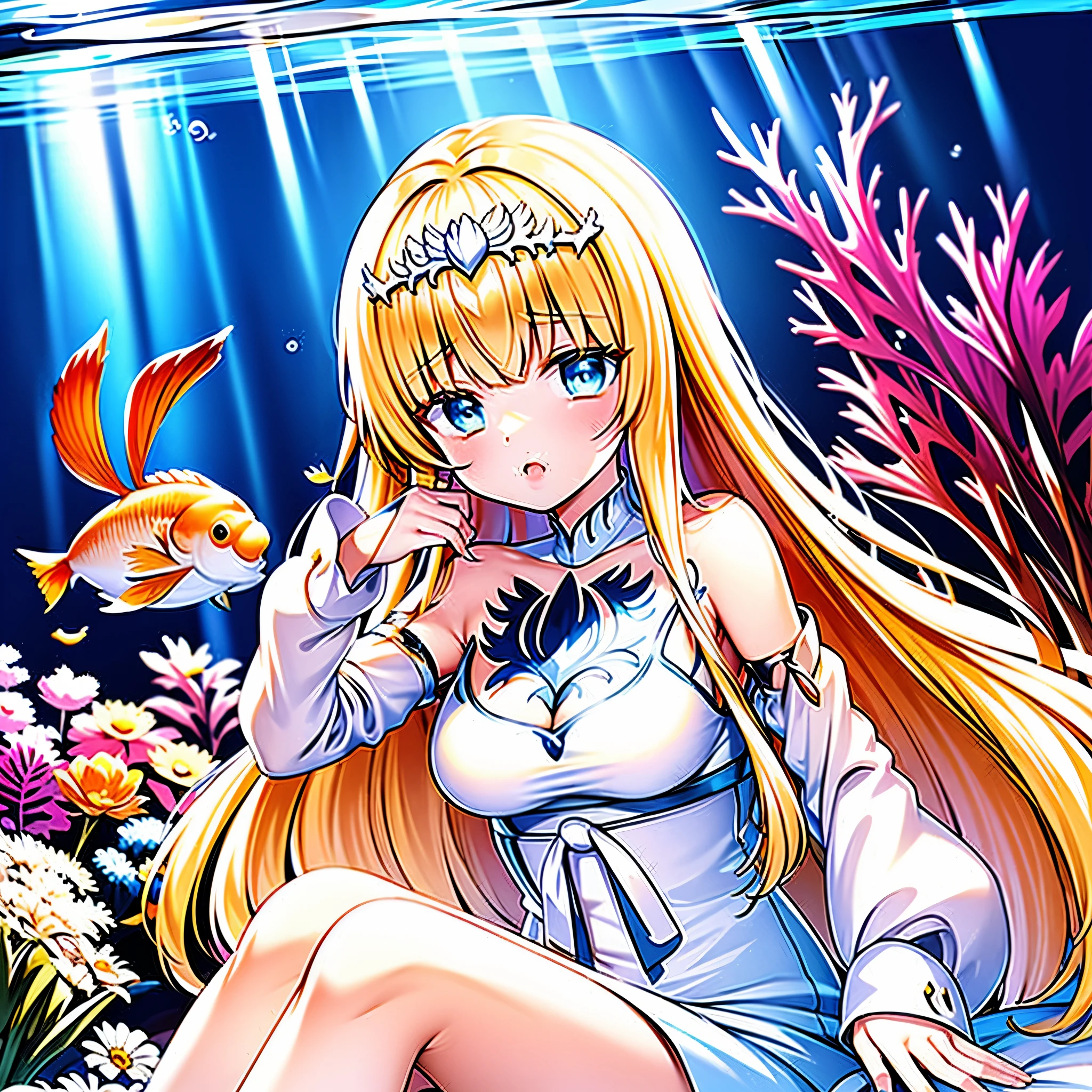 bare shoulders ,,goldfish ,jewelry ,cleavage,,sash, underwater ,goldfish,white flower , looking at viewer ,sitting,head rest, 1girl, Calca, blonde hair, extremely long hair, white tiara, white dress, blue eyes, medium breasts