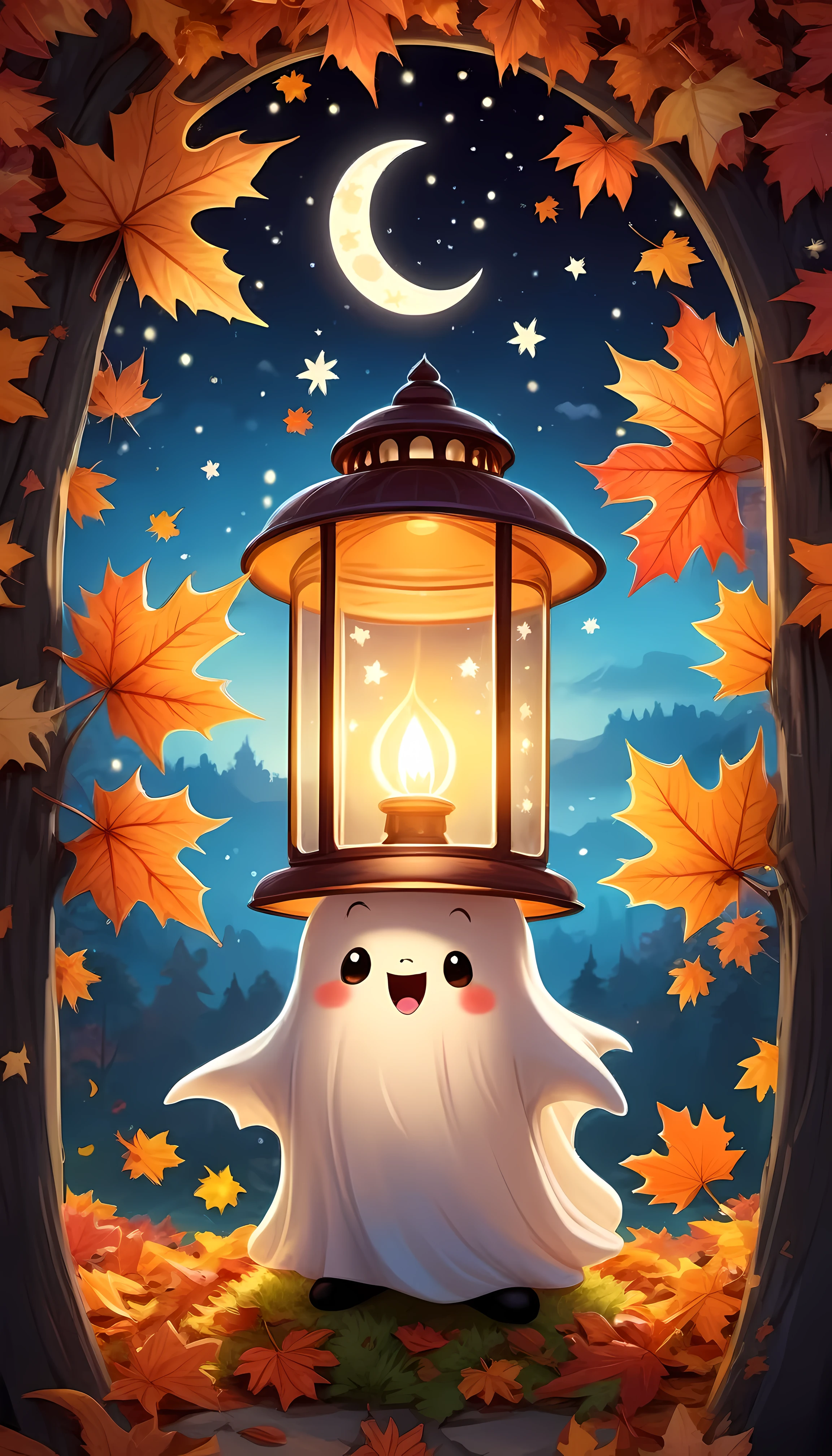 CuteCartoonAF, Cute Cartoon, masterpiece in maximum 16K resolution, superb quality, (a big sticker) on the modern fridge, designed as a cheerful ghost character holding a glowing lantern, floating amidst (colorful) autumn leaves, a friendly smile and playful expression, with the lantern emitting a warm inviting light, surrounded with twinkling stars and a crescent moon in the night magical sky, intricate gothic symbolore_Detail))