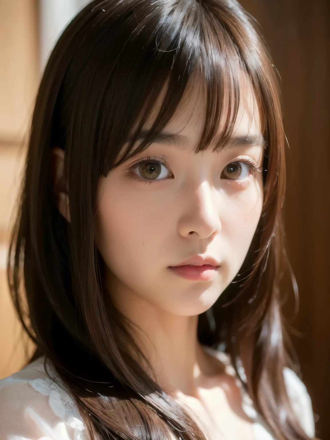 best quality, face focus, soft light, ultra high res, (photorealistic:1.4), RAW photo,
1japanese girl, solo, cute, (pupil, lights in the eyes), detailed beautiful face, (),(high resolution detail of human skin texture),
(long hair),
indoor,
Damask Shirt Dress,
(portrait)