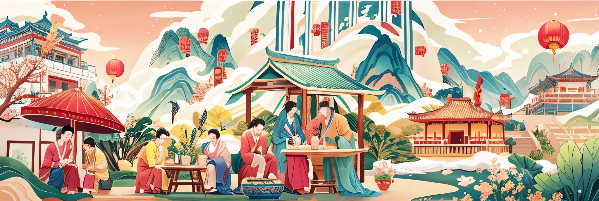 A painting of people and other animals in a tea garden, Chinese surrealism, Chinese mythology, Chinese fantasy, Chinese traditional art, 复杂的细节painting, Ruan Jian, 中国风painting, ancient chinese art style, ultra-detailed painting, 错综复杂的painting, 错综复杂的奇幻painting, beautiful 错综复杂的painting, painting, unique and complex，More tea elements