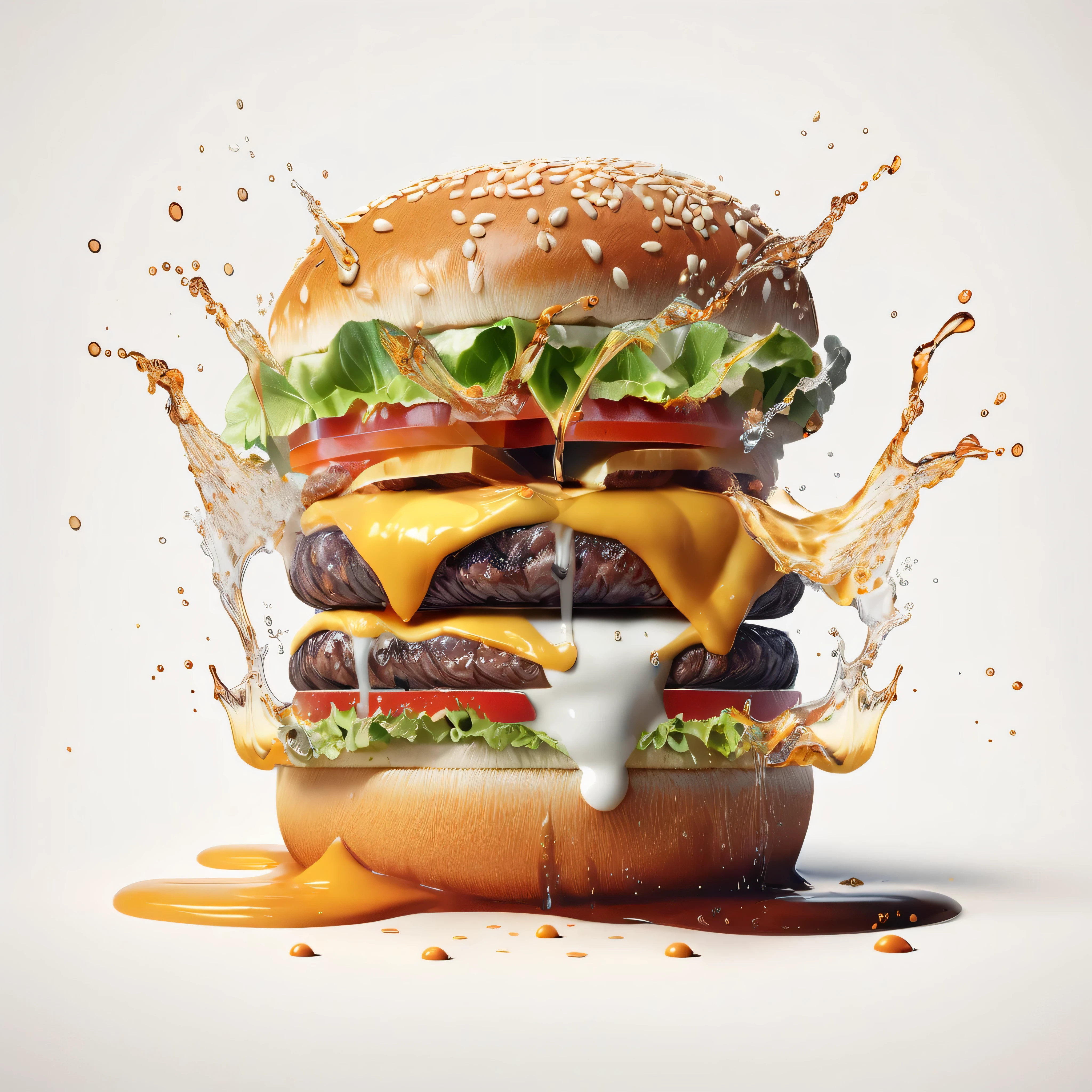 araffe with cheese, tomato, lettuce, and tomato slices is being splashed with liquid, “hyper realistic, by Daniel Seghers, super realistic food picture, photorealistic illustration, hyperrealistic illustration, ultra realistic 3d illustration, big juicy burger, hyper realistic ”, hyper realistic”, hyper realistic 3 d render, food commercial 4 k, hyper realistic illustration