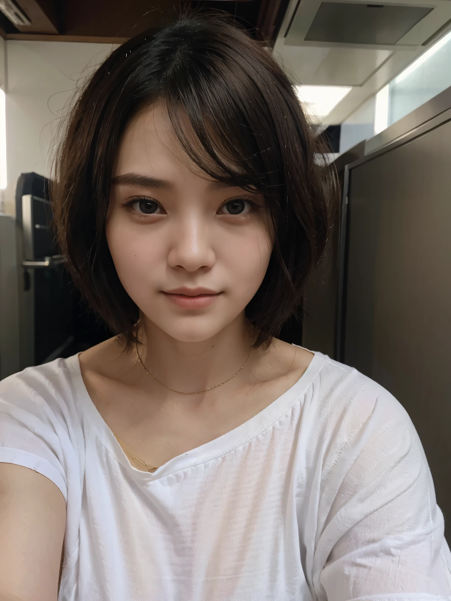 A selfie of a Chinese girl with short wavy hair