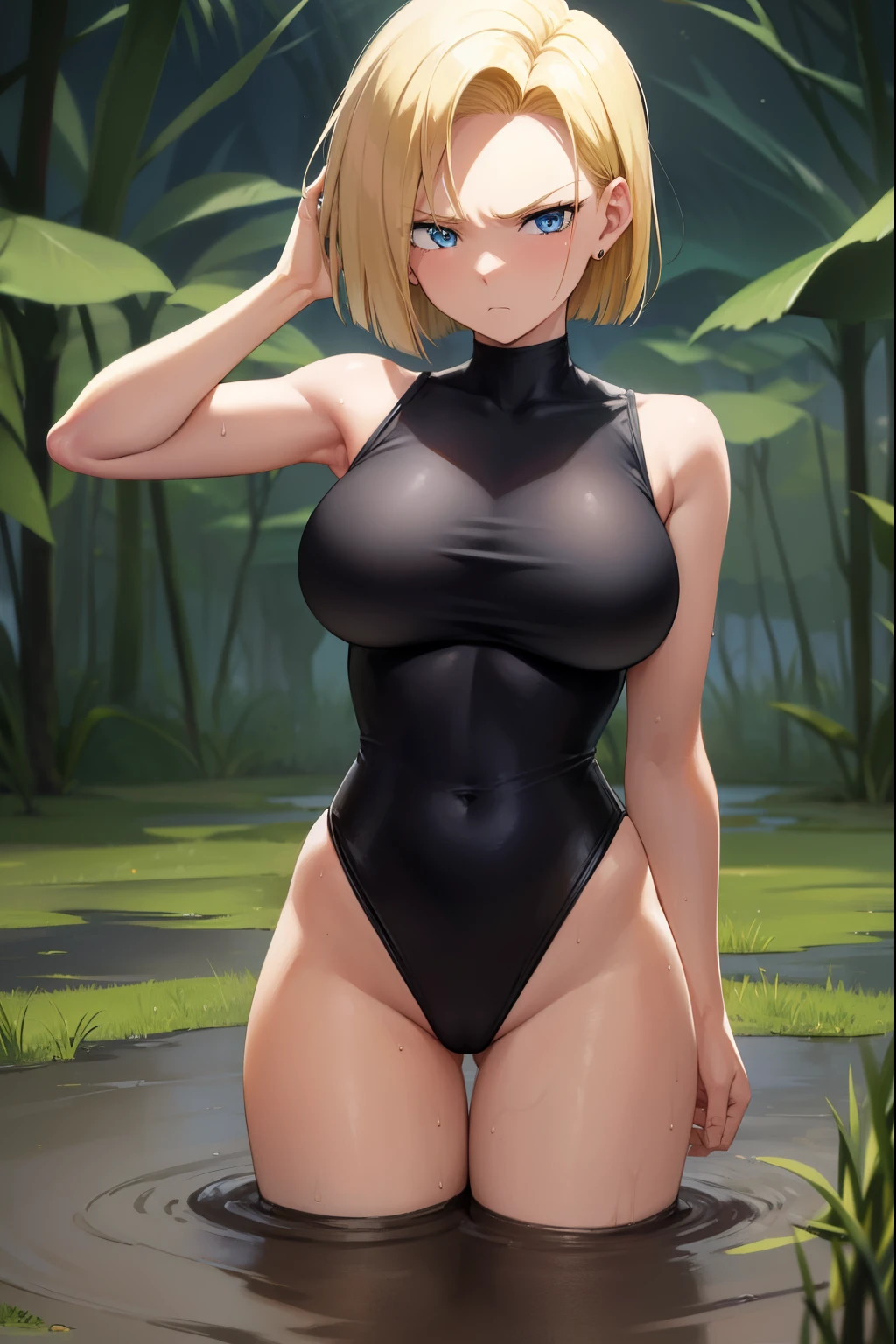 highest quality, High resolution, whole body,AND18, 1 girl, android 18, alone, golden hair, blue eyes, short hair,earrings,big breasts, frown,troubled face, panic,Sweat,1 girl, black leotard, black high leg cut,( drown in the swamp:1.2),raise both hands up