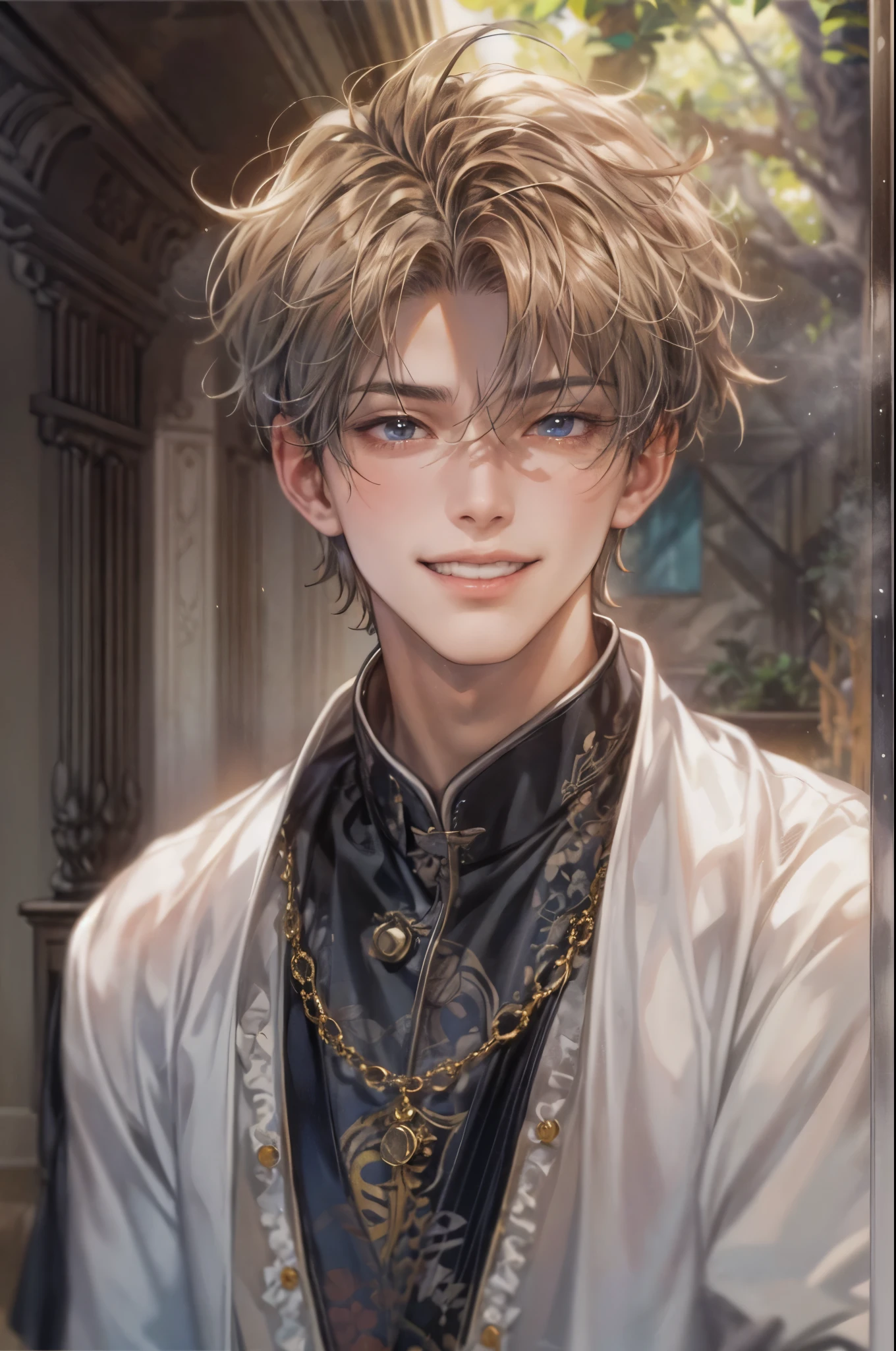((Best quality)), ((masterpiece)), (detailed), ((perfect face)), ((halfbody)) handsome face, male, teen boy, perfect proportions , a male version character from fushigi yugi, short hair, male version, creepy smile, detailed eerie background, detailed eerie scenery