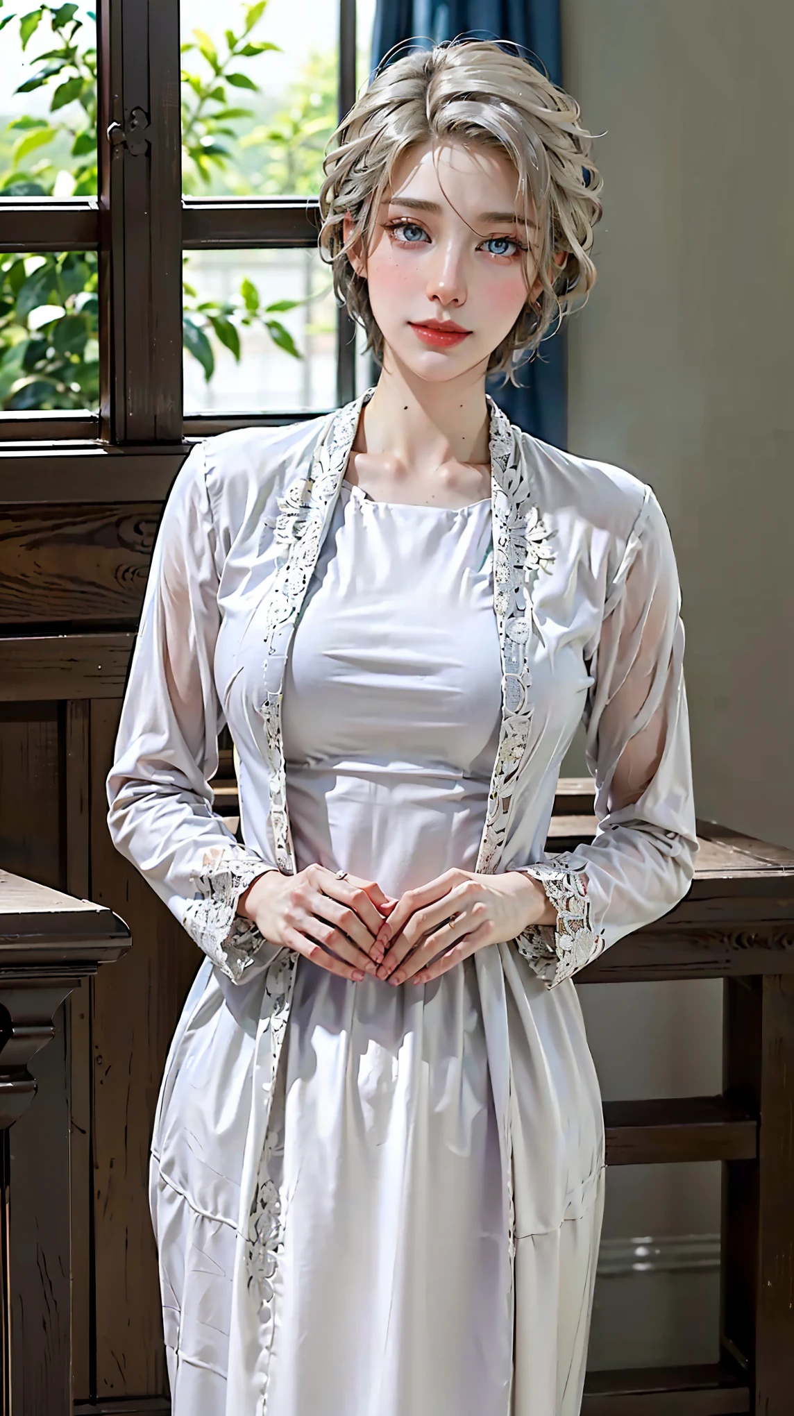 ((((masterpiece, best quality, high resolution)))), Extremely detailed 8K, Beautiful girl with voluptuous body, (Ultra HD, Ultra-detailed, Highly detailed, Highly realistic, Ultra-realistic, photograph realistic), (1girl:1.5), (Realistic white hair), short silky hair, bob cut, (dynamic poses), facing at camera, looking at viewer, (blushing red, smile), (purple eyes, sharp eyes), (big perky breasts:1.2), (beautiful detailed face, beautiful detailed eyes), ((kebaya dress, thin material)), (standing up), sweat, glow, (sunbeam, sunlight), ((cowboy shot))