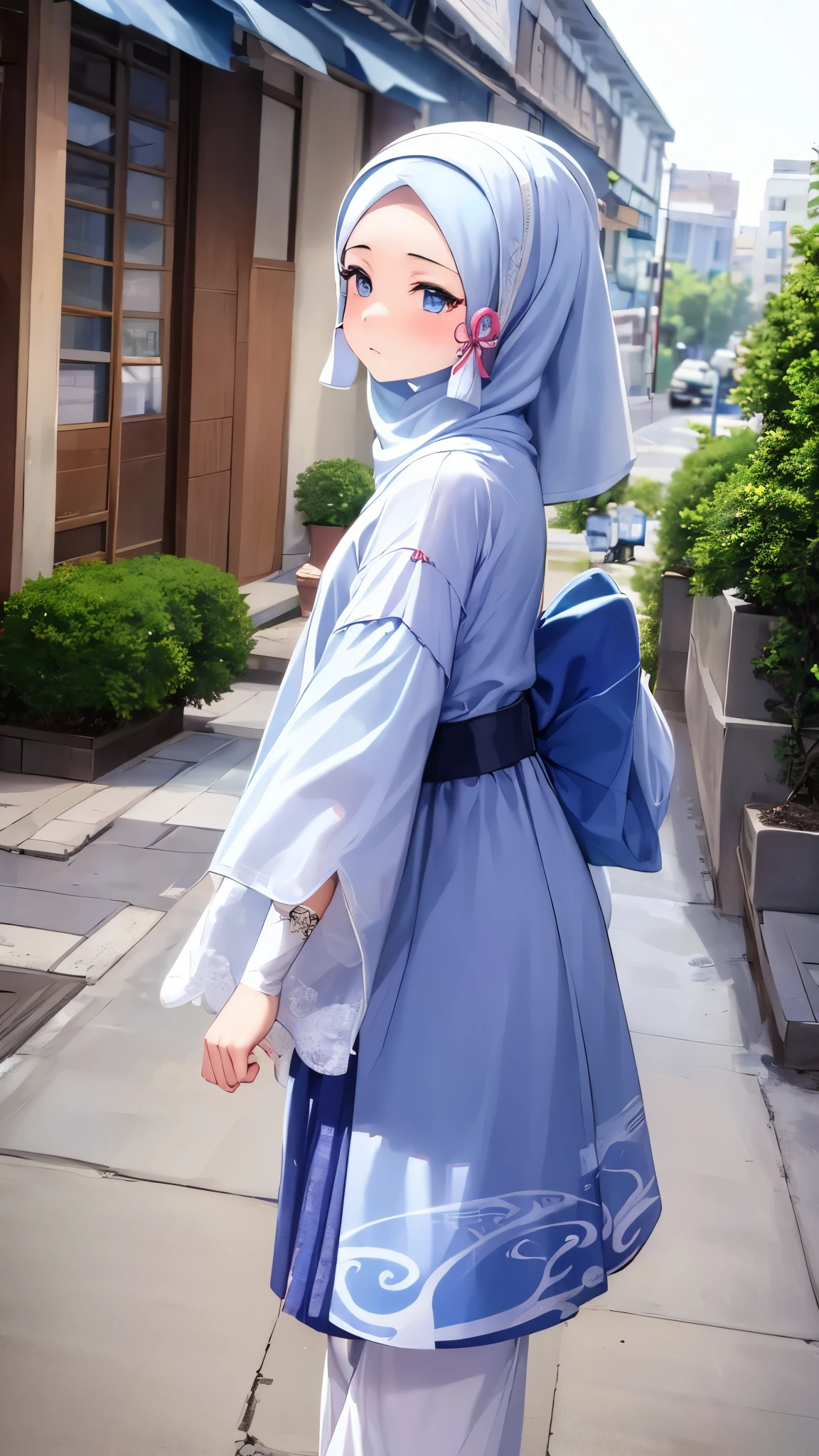 kamisatoayakadef, A high school girl with a pastel white instant hijab. Dressed in a white lace dress with floral details on the sleeves. Walking on a bustling city sidewalk with her head slightly bowed and a faint smile. Her cheeks are flushed and chubby, and she occasionally adjusts her hijab with a shy expression. The background depicts a busy city street with cars and pedestrians. Anime style: Shojo with details of large, glistening eyes and natural lighting effects.