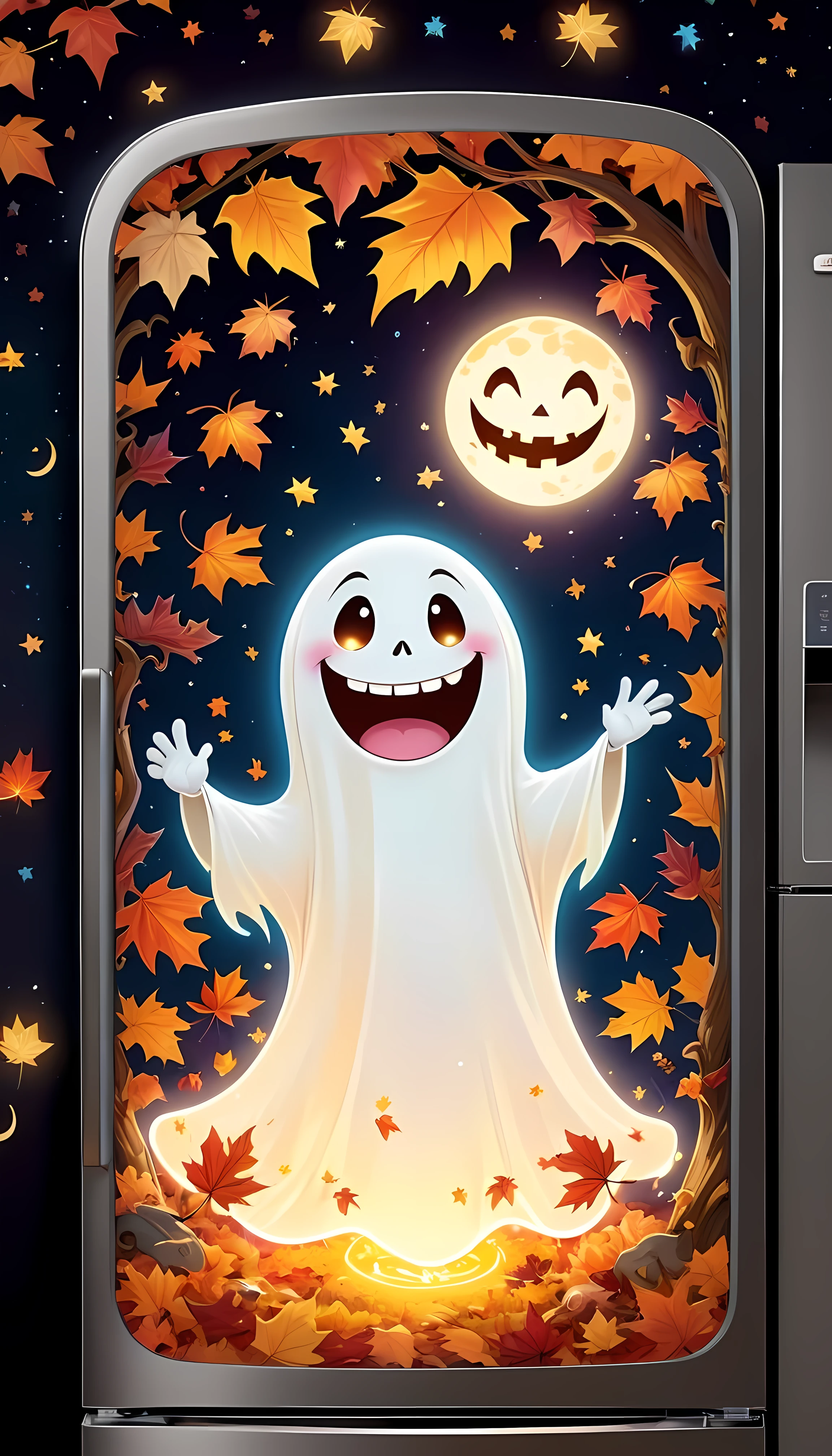 CuteCartoonAF, Cute Cartoon, masterpiece in maximum 16K resolution, superb quality, (a big sticker) on the modern fridge, designed as a cheerful ghost character holding a glowing lantern, floating amidst (colorful) autumn leaves, a friendly smile and playful expression, with the lantern emitting a warm inviting light, surrounded with twinkling stars and a crescent moon in the night magical sky, intricate gothic symbolore_Detail))