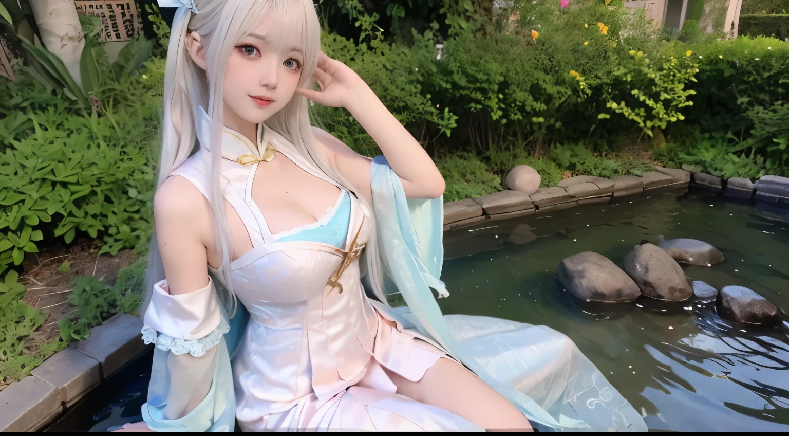 ulzzang-6500-v1.1,(raw photo:1.2),((photorealistic:1.4))best quality,masterpiece, illustration, an extremely decision and beautiful, extremely detailed,CG,unity,8k wallpaper, Amazing, finely detail, masterpiece, best quality, official art, very detailed CG unified 8k wallpaper, ridiculous, unbelievably ridiculous, huge file size, super detailed, high resolution, very detailed, beautiful detailed girl, very detailed eyes and face, beautiful detailed eyes, light on face, movie light, godeess dress moxin with a shy expression, slightly squinted eyes, adjusting her hair, long eyelashes (long hair / very, very exaggerated big breasts _ tits / in hanfu chinese thin silk qipao very wet body, thin cloth embossed pattern, short skirt), posing sit in front of the camera, very wet body, thin cloth embossed pattern), posing sit in front of the camera, wet throught skin, wet silk lace under wear throught skin, thin cloth embossed pattern detaild lace, thin hanfu dress ( throught bra silk pink )., full body, full body photo, perspective, looking at the audience, outdoors