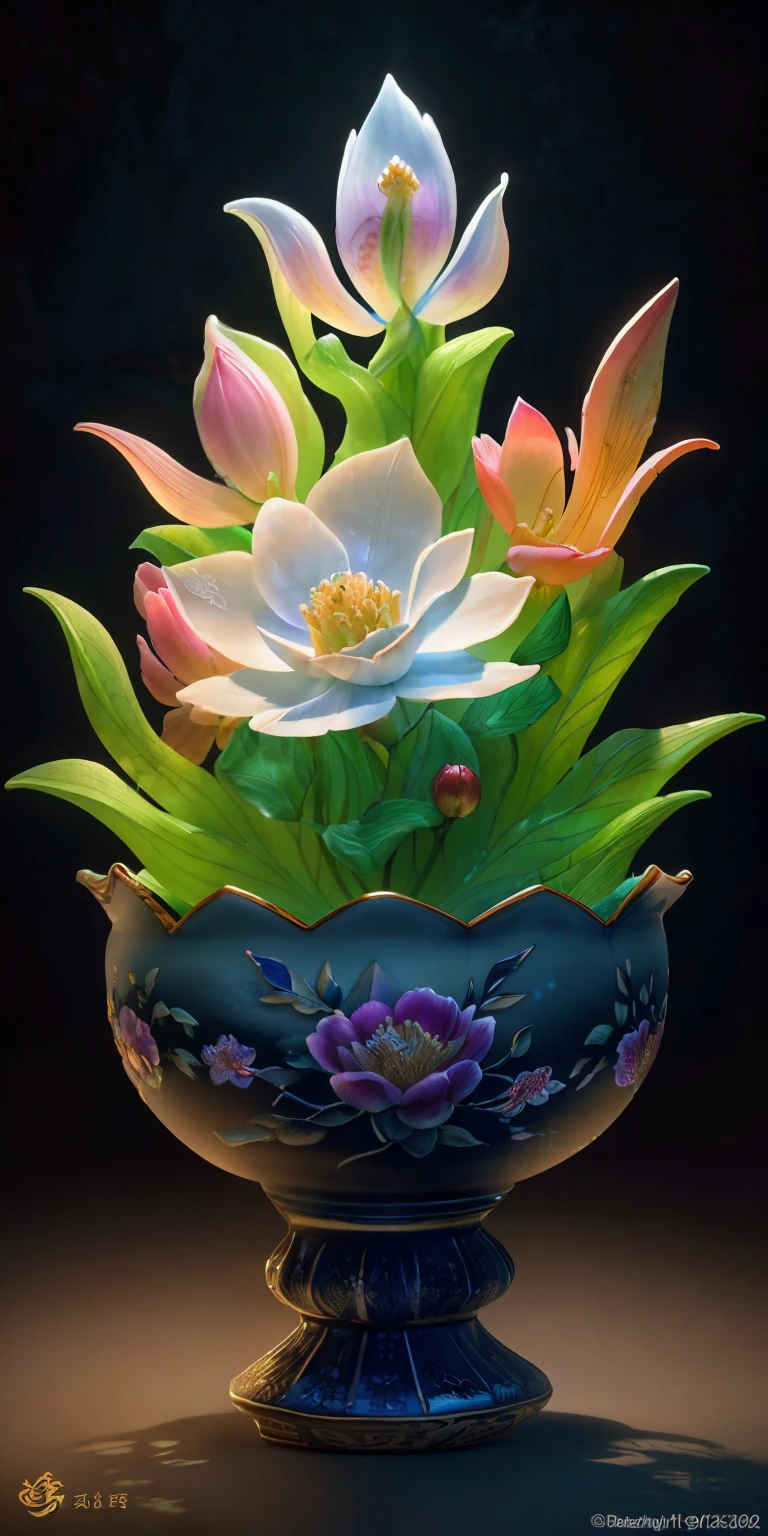 best quality, realistic, photorealistic,  ultra detailed, "Mountain of Flower and Fruit+Fairy+Chinese Architecture" highly detailed carving on "southern ice" porcelain,Ultra wide angle,Accent Lighting,Volumetric Lighting,backlighting, (detailed light),((an extremely delicate and beautiful)),dramatic_shadow,ray_tracing,hdr