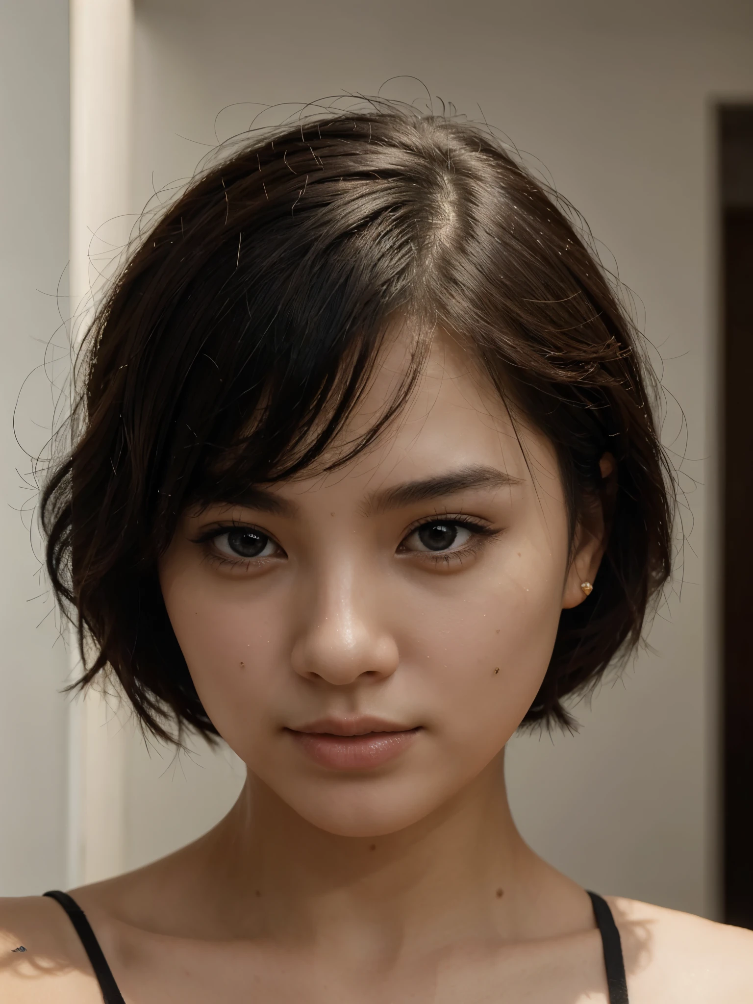 A selfie of a Chinese girl with short wavy hair ((close up photo)) ((best quality)), ((masterpiece)), (detailed), perfect face, ((8k quality pic)) hyper realistic picture 