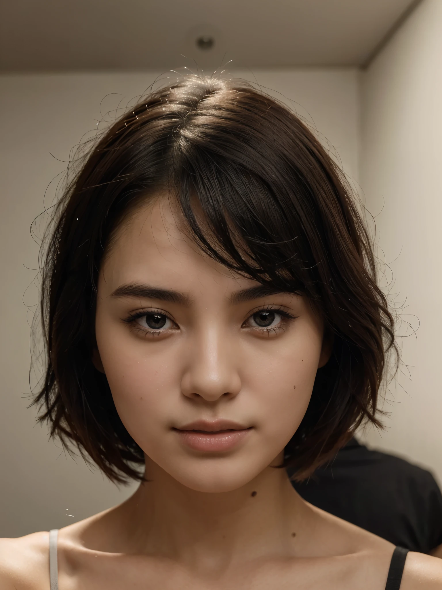 A selfie of a Chinese girl with short wavy hair ((close up photo)) ((best quality)), ((masterpiece)), (detailed), perfect face, ((8k quality pic)) hyper realistic picture