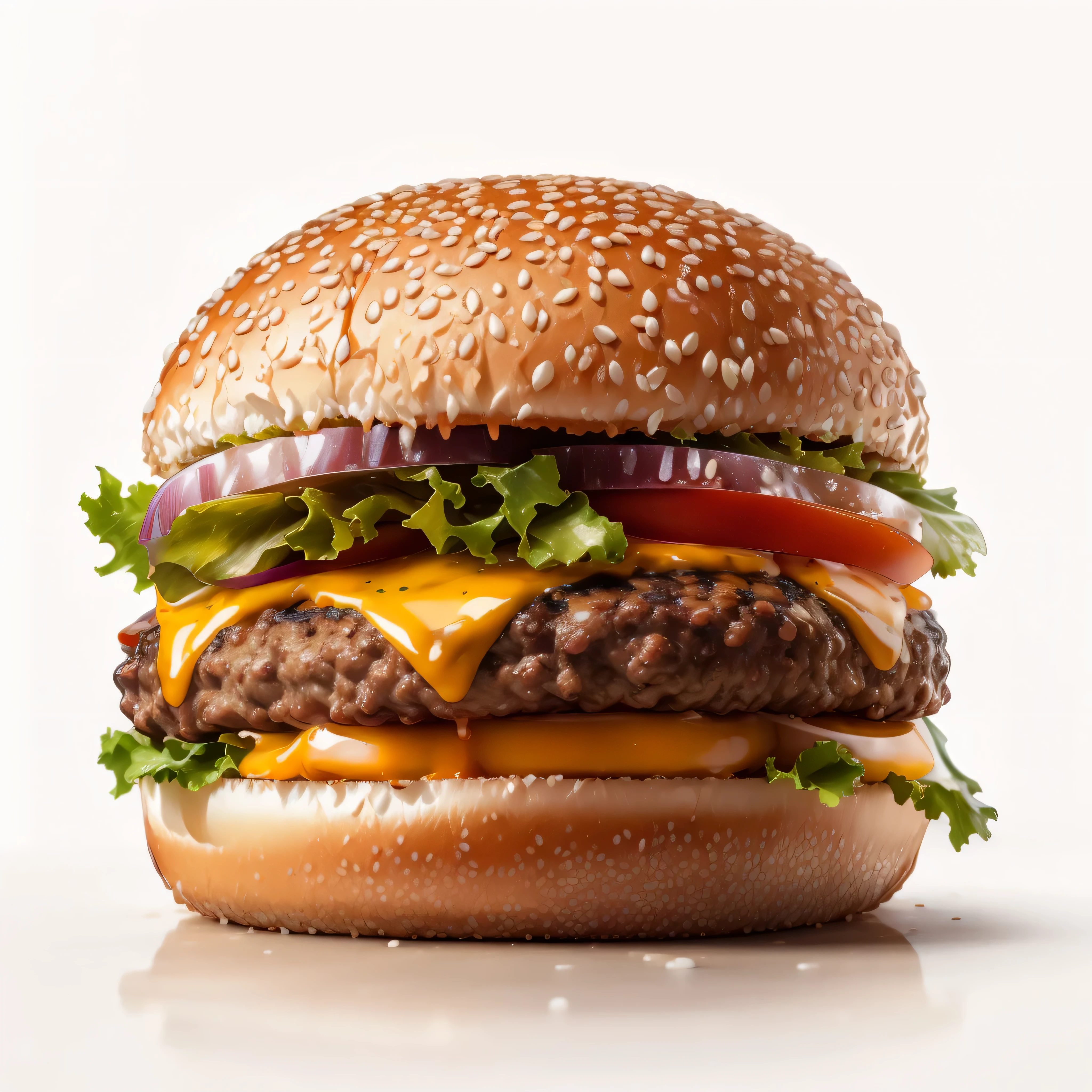 a close up of a hamburger with cheese, onions, and lettuce, cheeseburger, big juicy burger, hamburger, big macs, a hyper realistic, burger, super realistic food picture, serving big macs, luscious patty with sesame seeds, “hyper realistic, burger with a mouth, hyper realistic”, hyper realistic ”, fast food review, mcdonald, super high resolution