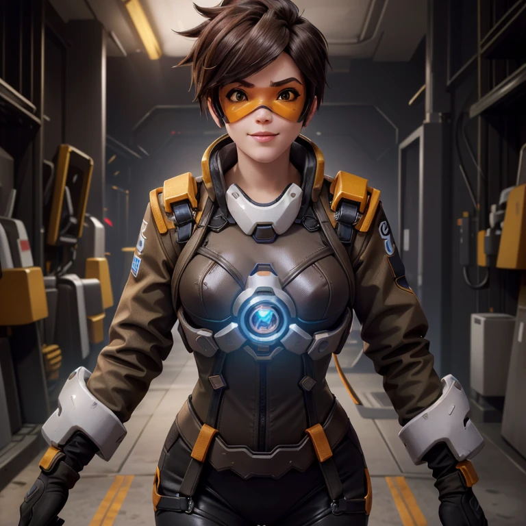 TracerOver, 1girl, tracer (overwatch), solo, orange goggles, brown hair, goggles, short hair, spiked hair, brown eyes, upper body, harness, jacket, bomber jacket, smile, looking at viewer, orange bodysuit, chest harness, bangs, parted lips, teeth, orange body suit, lips, brown jacket, piercing, insanely detailed and intricate, High quality, high coherence, deep focused image, realistic full-length photo, anatomically correct, short hair, in a hallway, hypermaximalist, sensual, provocative, beautiful, exotic, revealing, appealing, attractive, erotic,
