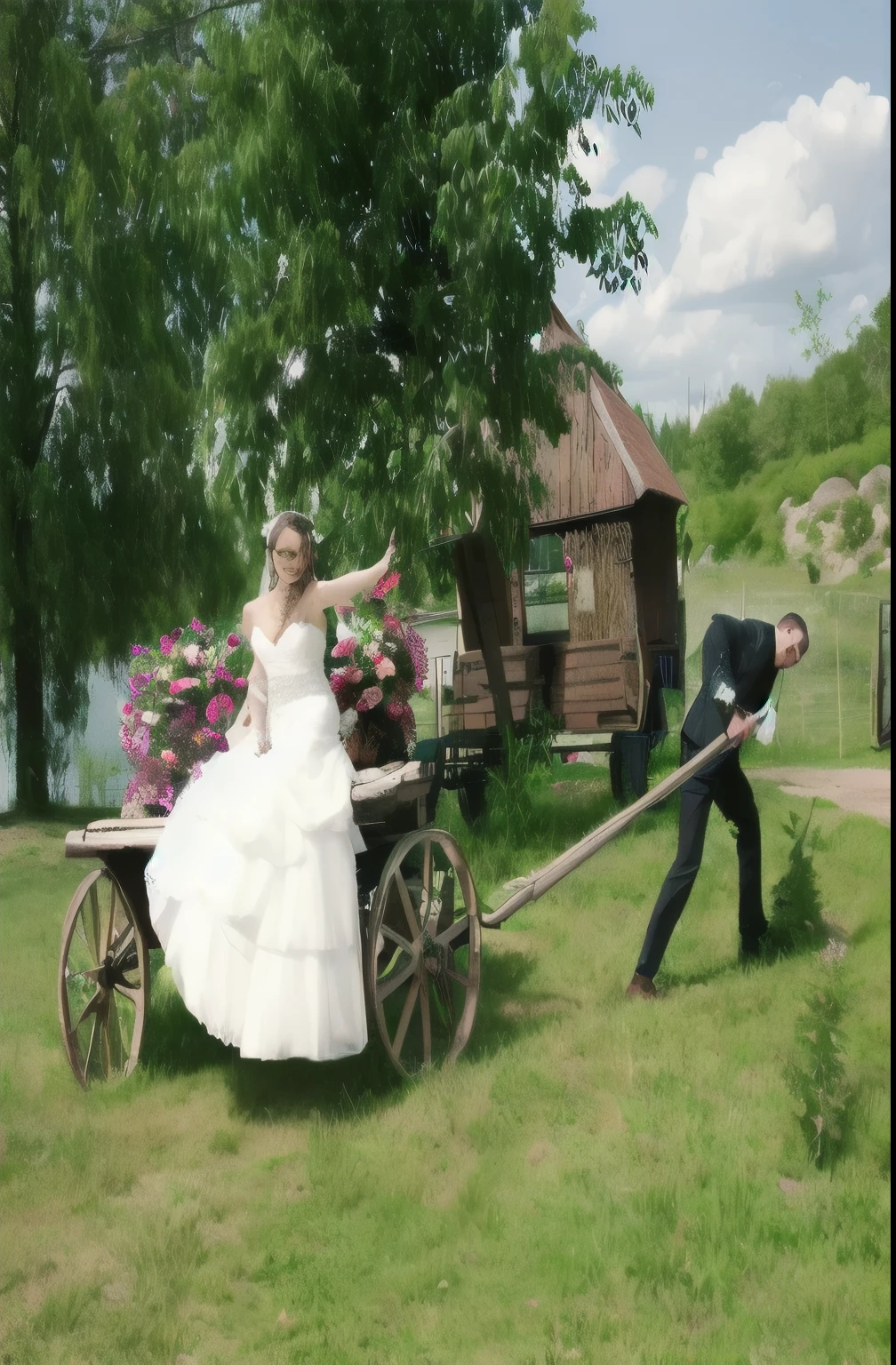 bride and groom pulling a wagon with a wooden handle, wedding, wedding photo, wedding photography, photo - shot, from Maximilizhan Vanka, bride and groom, groom, medium shot, medium shot, photographing, Anna Nikonova, Portrait shot, professional wedding photography, posing, conveyance, photoshoot, background, bottom corner, fairy tale