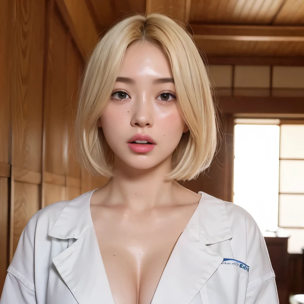 High resolution、High level image quality、high detail、masterpiece、realistic skin,、rough skin、(anatomically correct)、1 person、(((afterglo,ahegao)))、(((Looking up)))、((doctor、white clothes、big chest_hidden))、((Japanese 27 year old female blonde bob hair))、((whole body))、facing forward