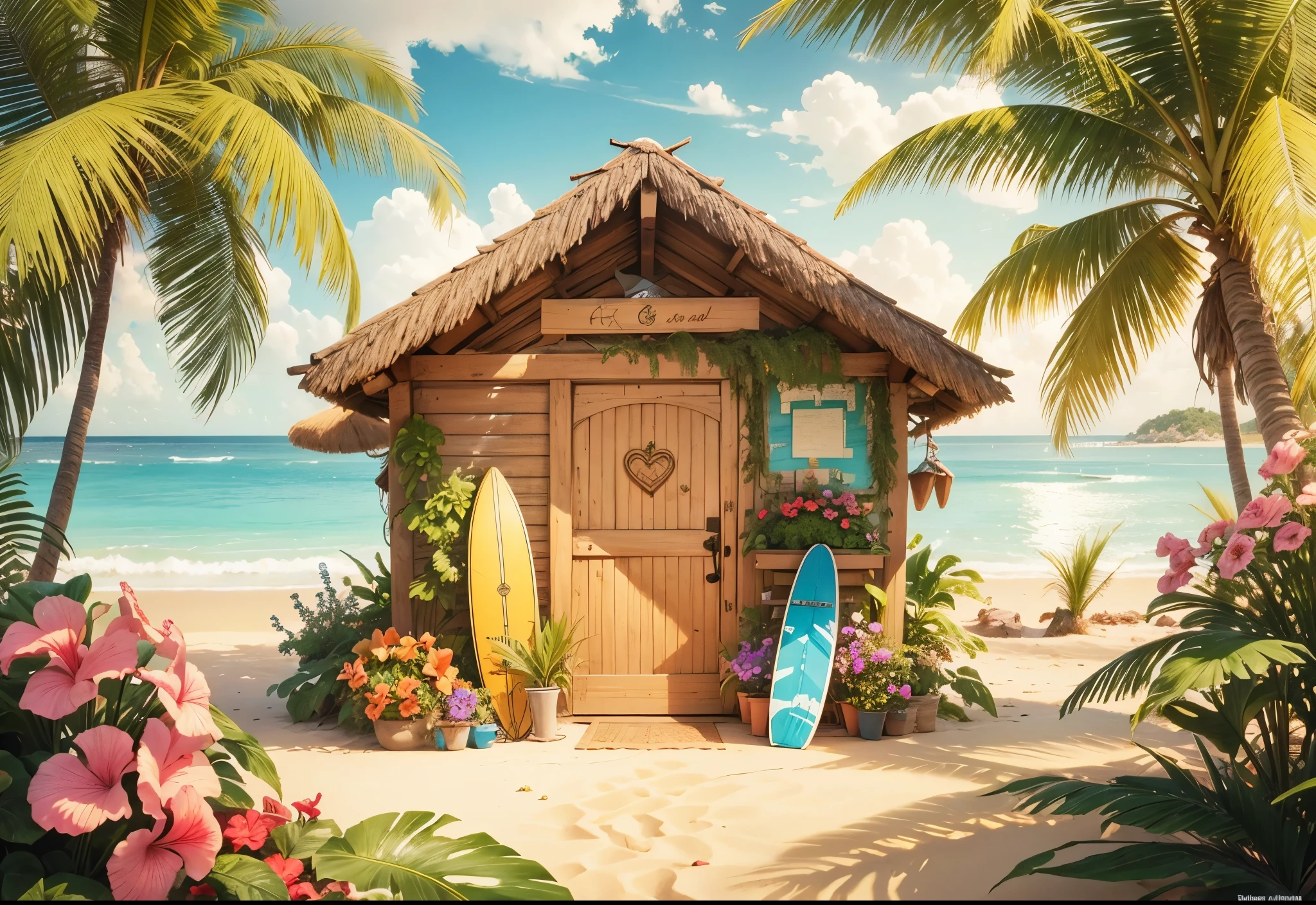 Tropical beach hut,Beach with surfboards and flowers, tropical beach paradise, tropical paradise, HD wallpapers, tropical environment, tropical background, Heaven on earth, tropical areas, very detailed paradise, tropical mood, Tropical atmosphere, heaven in background, On tropical beach, wooden house, Detailed background, tropical island, seaside, Beautiful and magical Palm Beach, island background