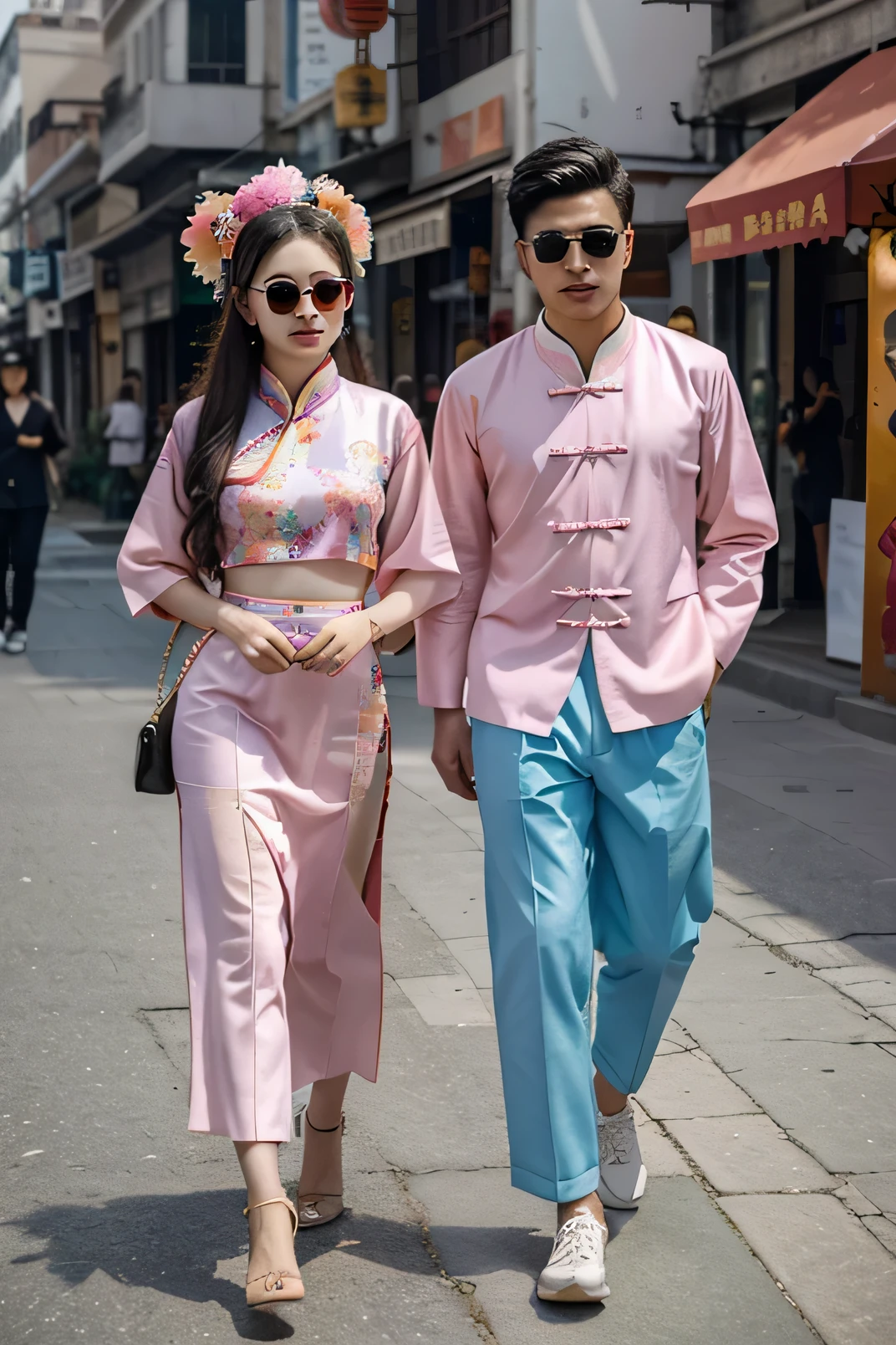 Beautiful Chinese young male and female models, pop modern pastel coloful traditional chinese clothes, traditional jewels big headpiece, full body, street style, sunglasses,