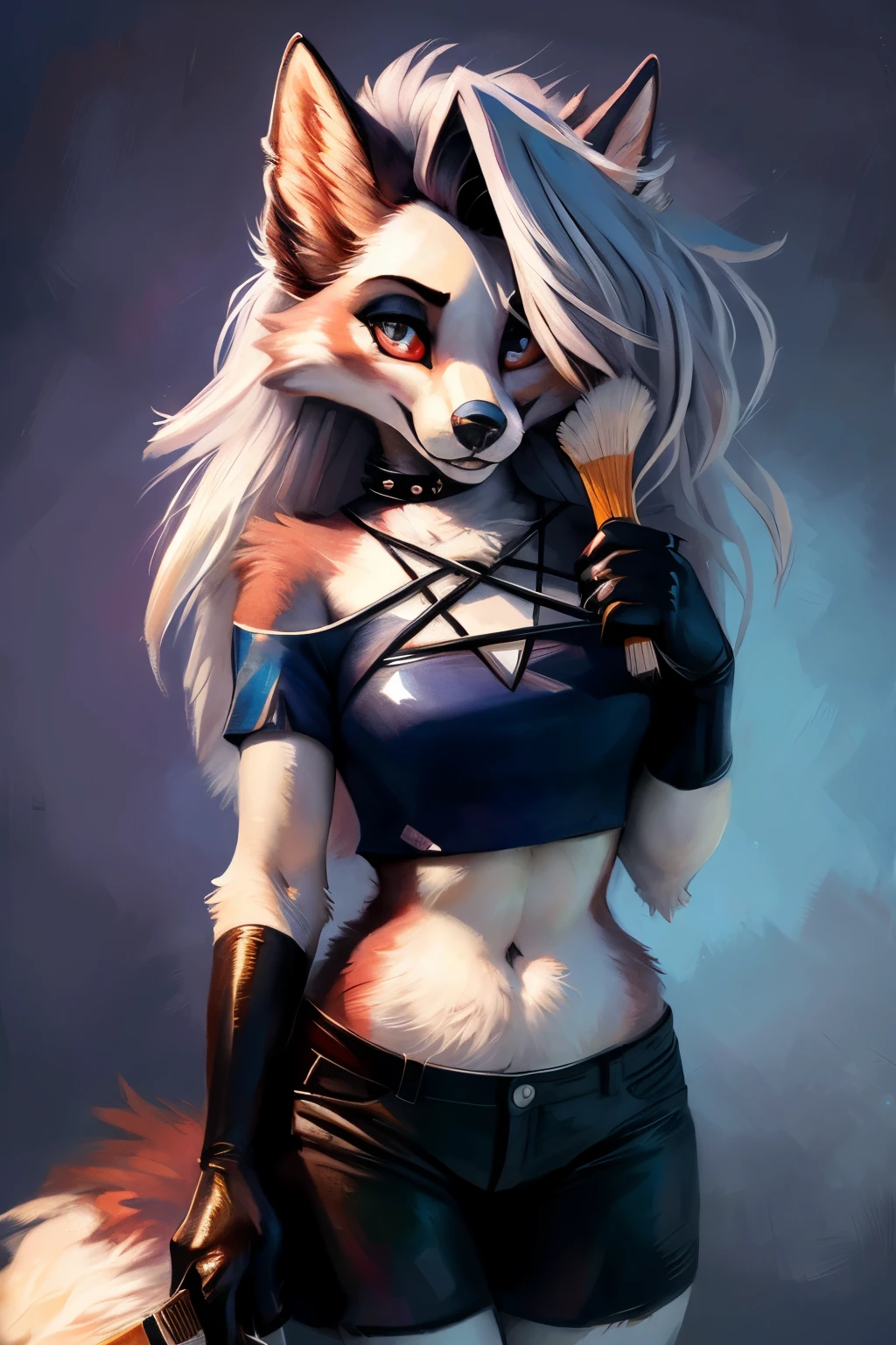(ultra detailed), a stunning and intricately crafted full size portrait of Loona, the adorable JJOS fox girl clad in leather, showcasing an anime art style with mottled brush strokes and a rich, dark white color palette, set in a resolution of 32k UHD with caninecore aesthetics. The fur on Loona's plush, anthropomorphic body is depicted with meticulous attention to detail, her expressive eyes gleaming with warmth and playfulness. The official JJOS art style is beautifully captured, with a 3:4 aspect ratio and version 6.0 rendering for an immersive viewing experience. Kenket and