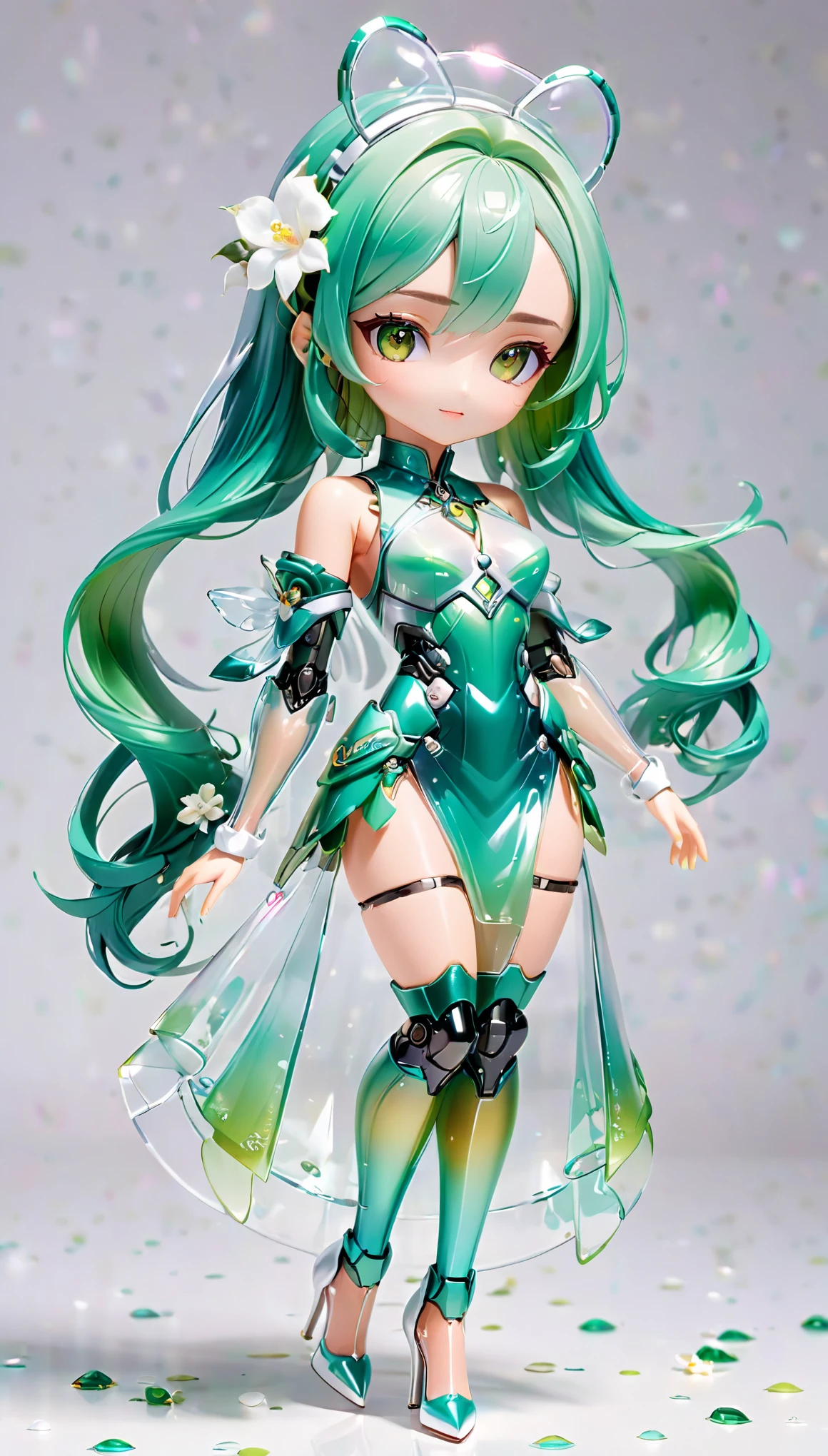 (Blind Box Spielzeug Stil:1.2),full body, solo,white background,(A female robot in a transparent green and white gradients jasmine dress, wearing gloves and high heels),(Chinese color,Very colorful), 3D