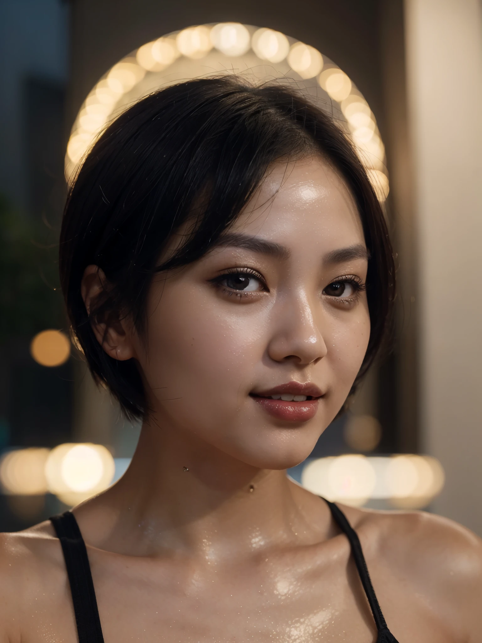 A selfie of a Chinese girl with short hair ((close up photo)) ((best quality)), ((masterpiece)), (detailed), perfect face, ((8k quality pic)) natural lighting, night time, from the side , smile, (perfect shiny black eyes) (natural lipstick), a selfie picture from a girl
