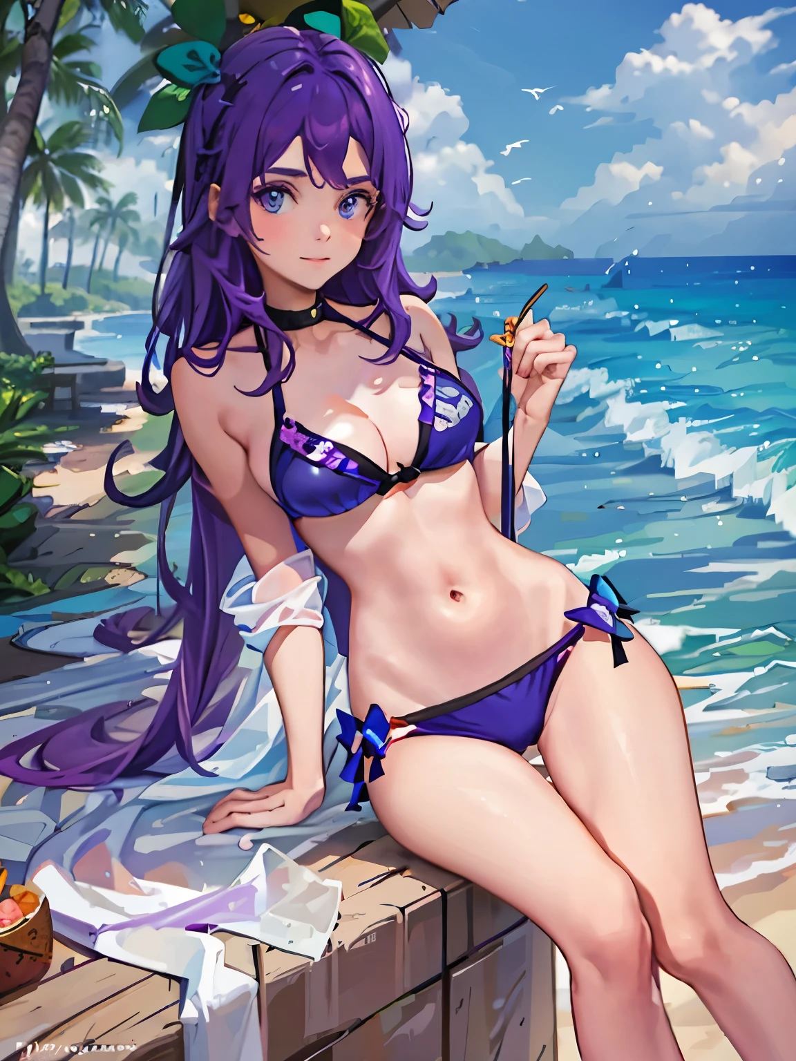 summer, sun, ocean, beach , young woman bikini, Abigail, purple hair, blue bow, --v6