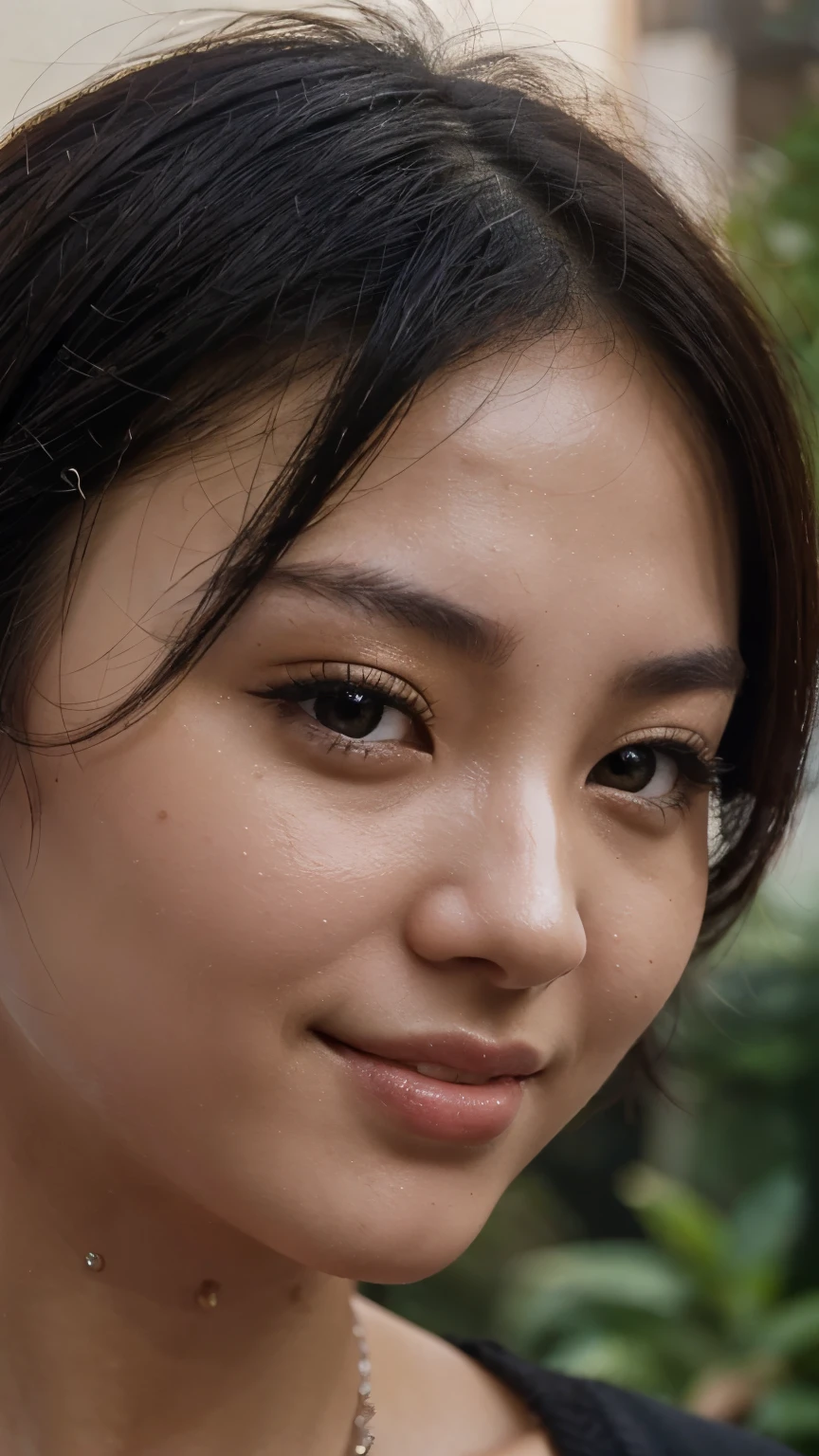 A selfie of a Chinese girl with short hair ((close up photo)) ((best quality)), ((masterpiece)), (detailed), perfect face, ((8k quality pic)) natural lighting, night time, from the side , smile, (perfect shiny black eyes), a selfie picture from a girl