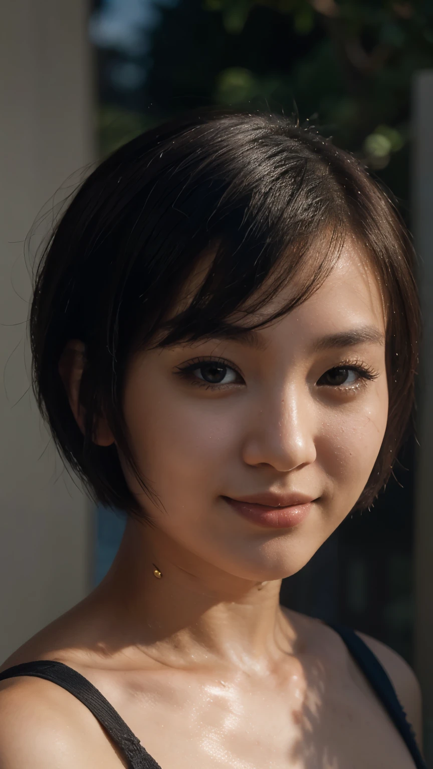 A selfie of a Chinese girl with short hair ((close up photo)) ((best quality)), ((masterpiece)), (detailed), perfect face, ((8k quality pic)) natural lighting, night time, from the side , smile, (perfect shiny black eyes), a selfie picture from a girl
