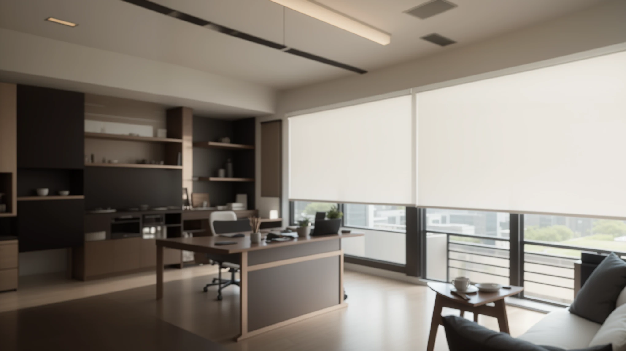Floor-to-ceiling windows,There are roller blinds on the windows,Linen texture,There is a kitchen with a bar and a dining room with a view, Award-winning shadows, high-end, high-end, Modern design, Elegant and high quality, 现代office, With natural light as background, Professional shading, Brightly lit luxury study room, office, modern look, modern style, high-end内饰, office内部, grand design, wonderful lights and shadows